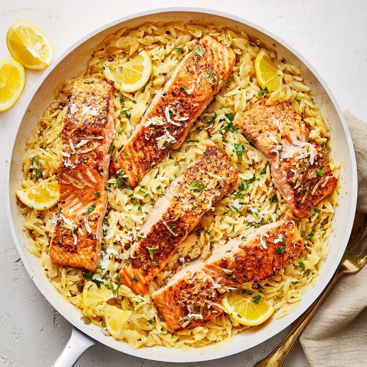 Golden seared salmon rests atop creamy lemon orzo in a skillet garnished with fresh parsley