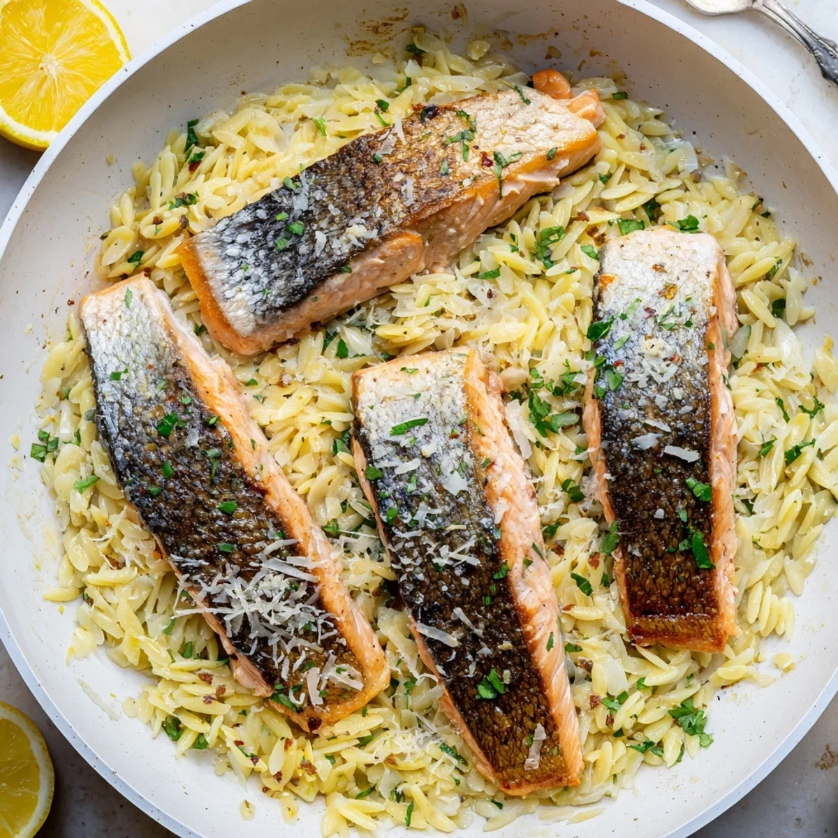 One skillet meal featuring perfectly cooked salmon with tender orzo rice in a lemon butter sauce