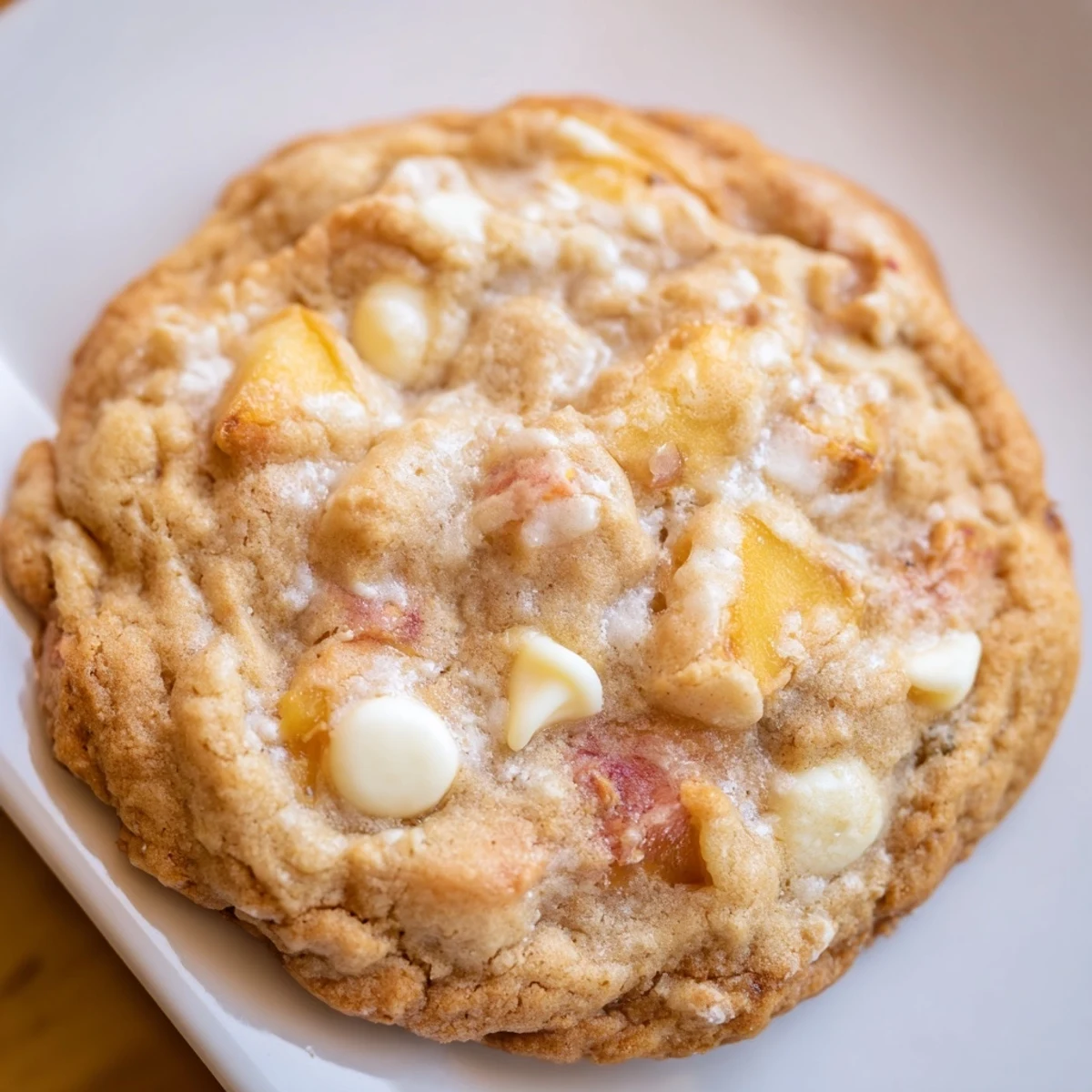 Golden brown Peaches and Cream Cookies studded with juicy peach chunks and melted white chocolate chips
