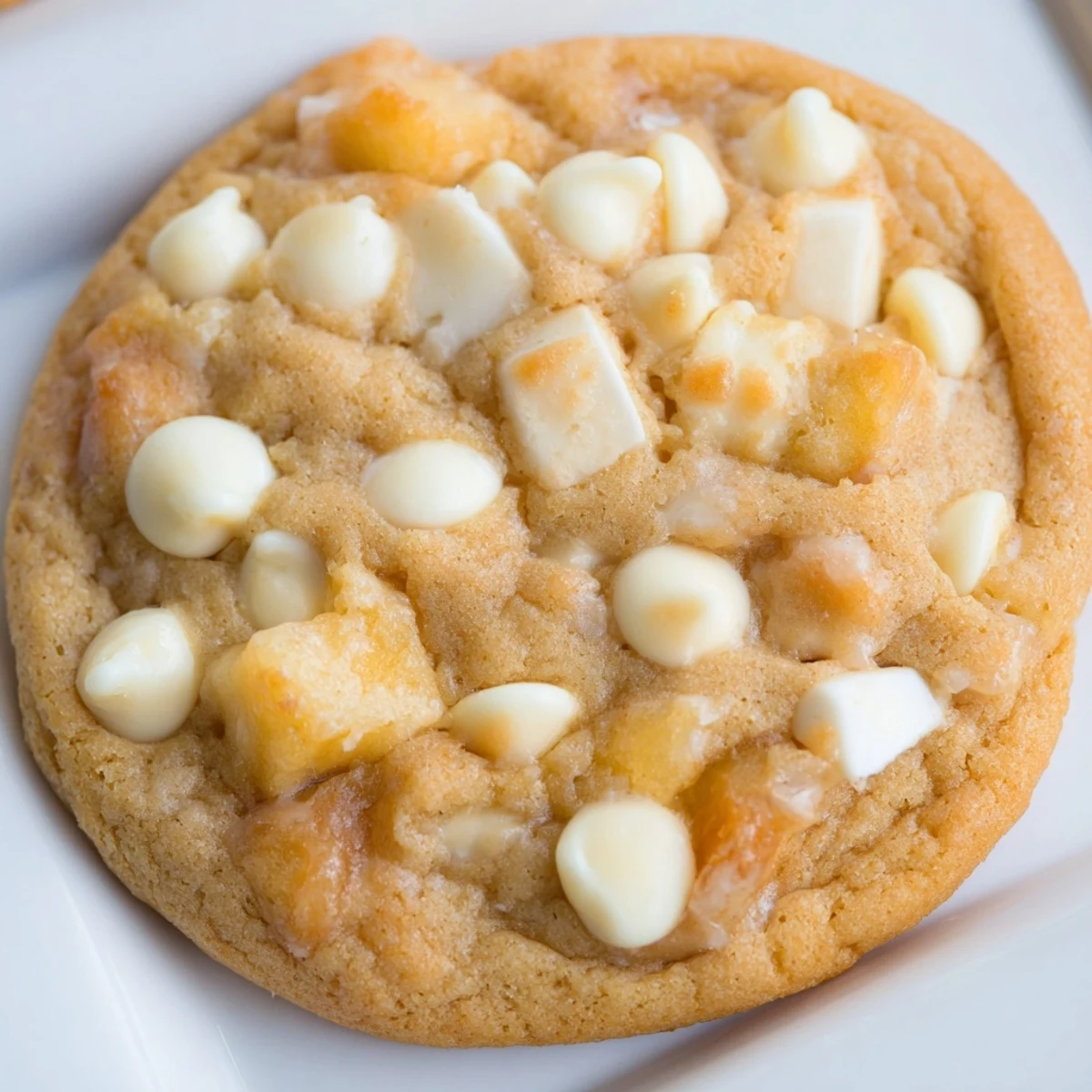 Plate of homemade Peaches and Cream Cookies featuring golden edges and creamy white chocolate throughout