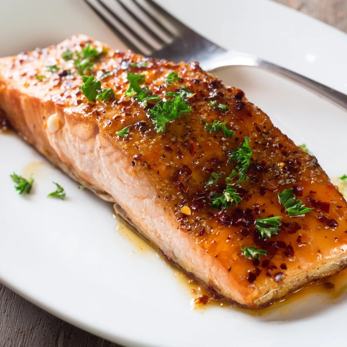 Golden baked Texas Roadhouse Style salmon fillets with buttery lemon-pepper glaze on white plate