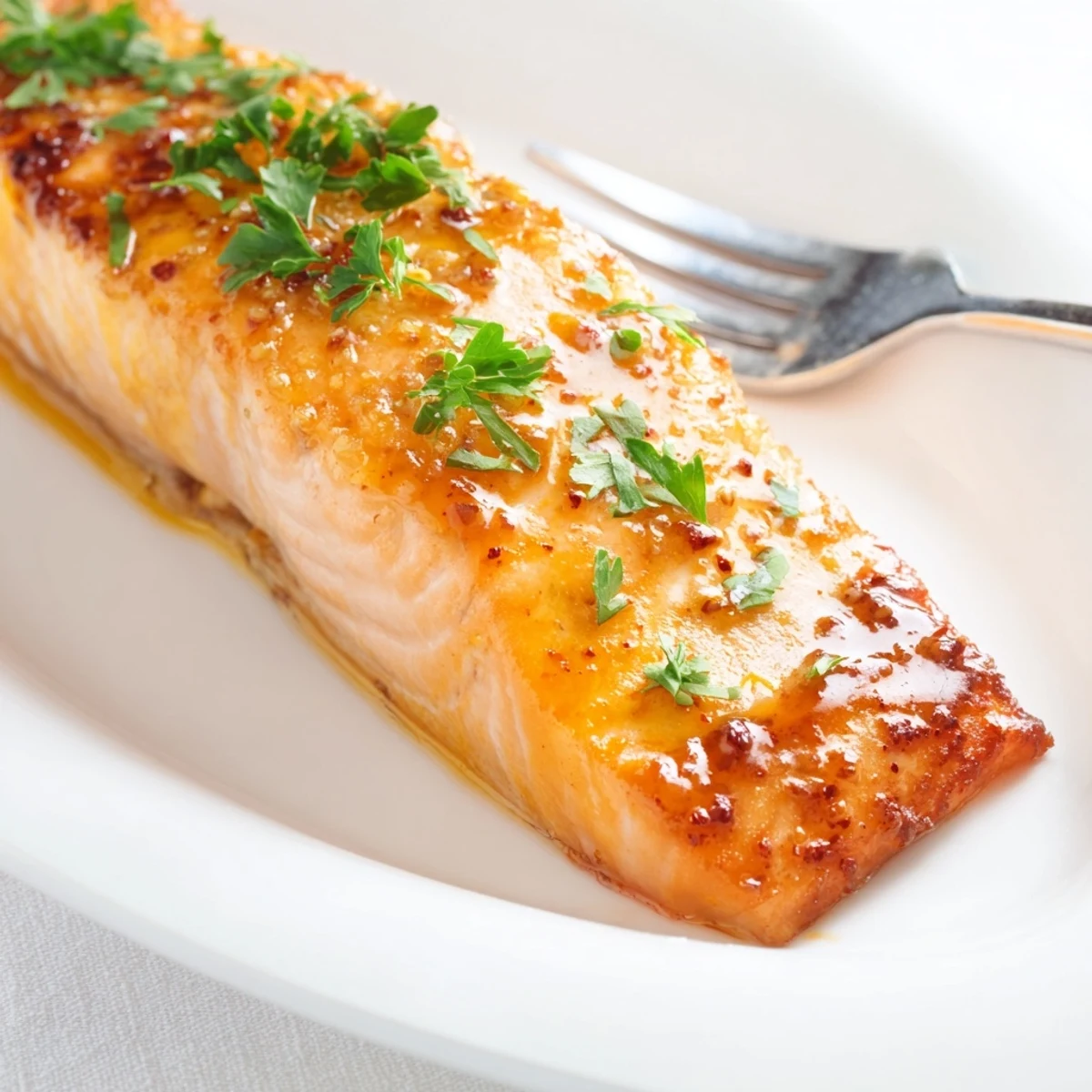 Flaky salmon brushed with seasoned butter and lemon served with fresh parsley garnish