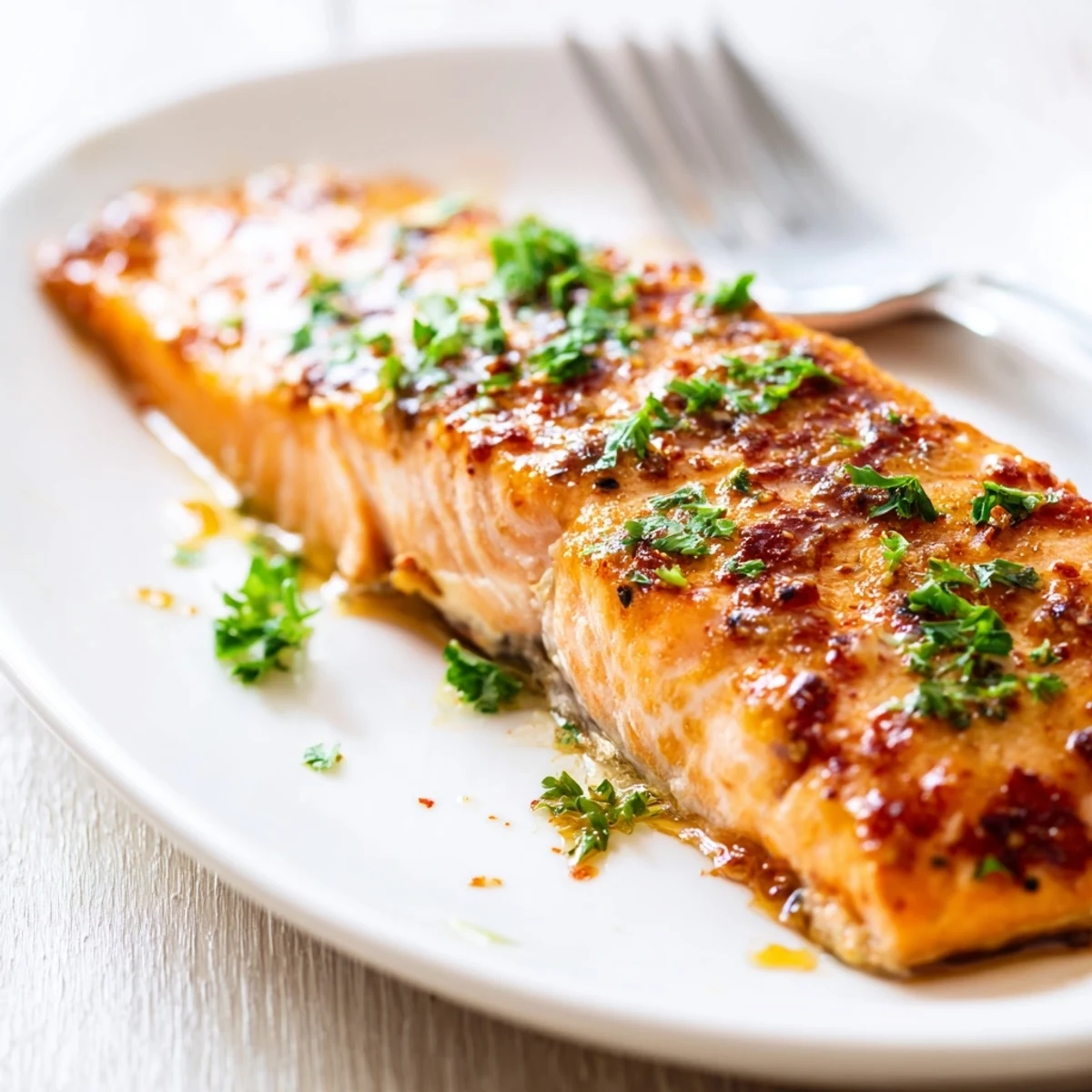Restaurant-style baked salmon with caramelized edges and lemon wedges on baking sheet