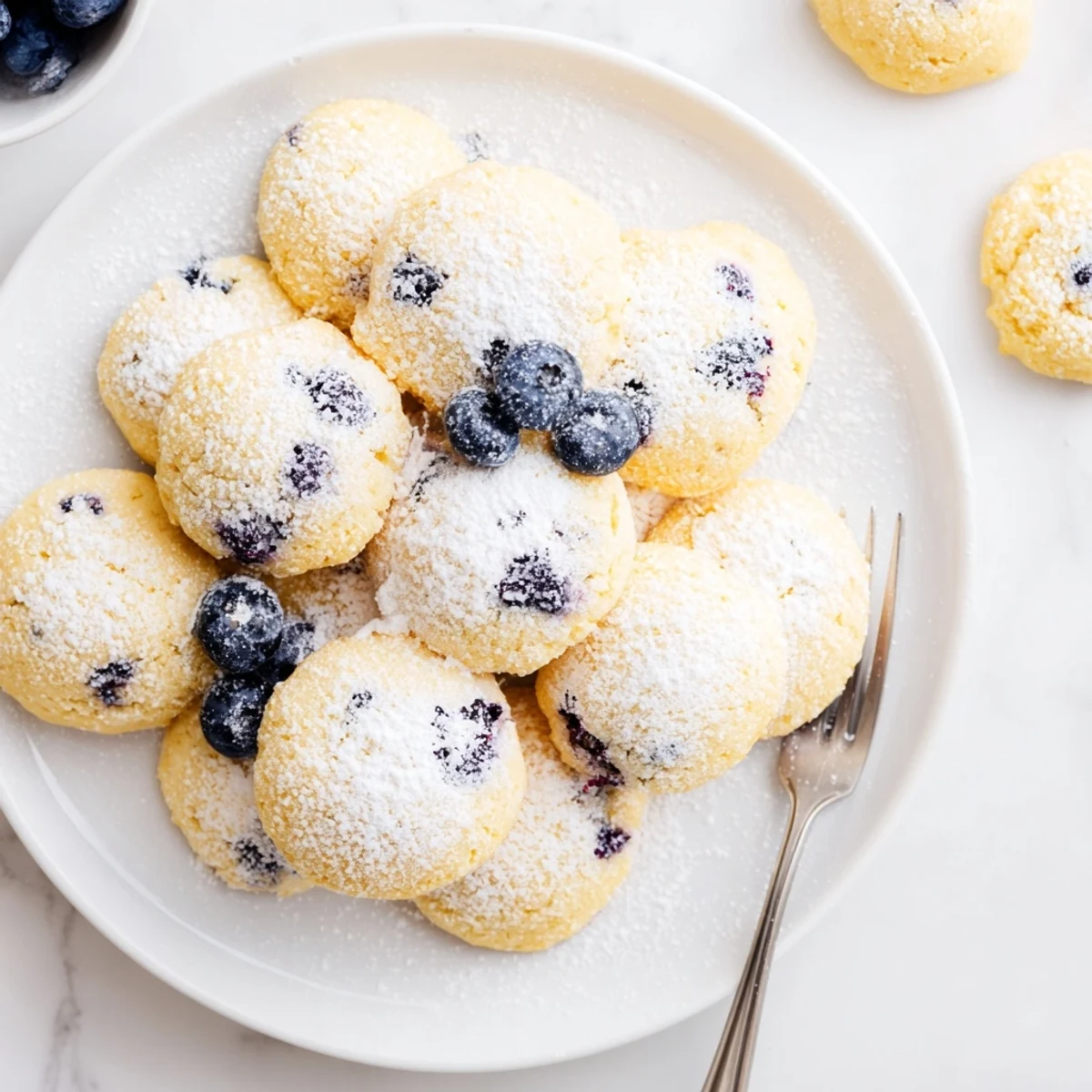 Soft lemon blueberry cookies with powdered sugar dusting on a white plate