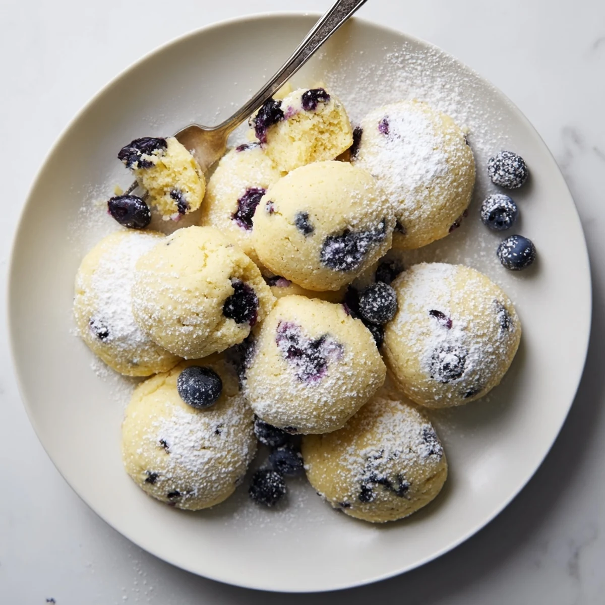 Golden soft lemon blueberry cookies cooling on wire rack with blueberry speckles visible