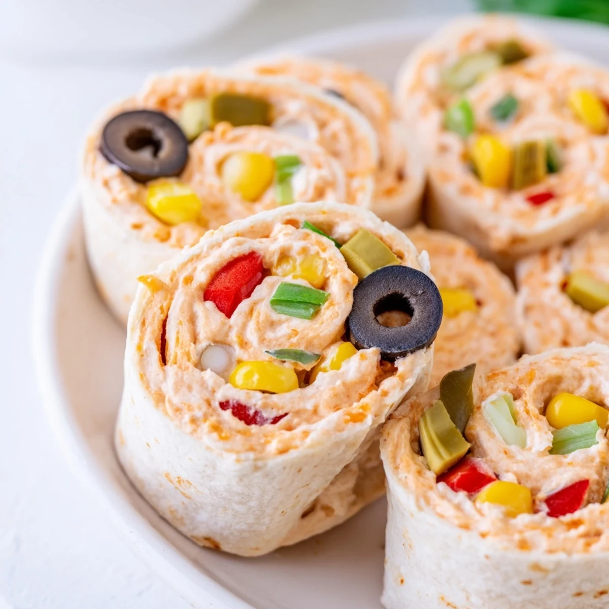 Colorful spiral pinwheels stuffed with taco seasoned cream cheese, cheddar and fresh diced vegetables