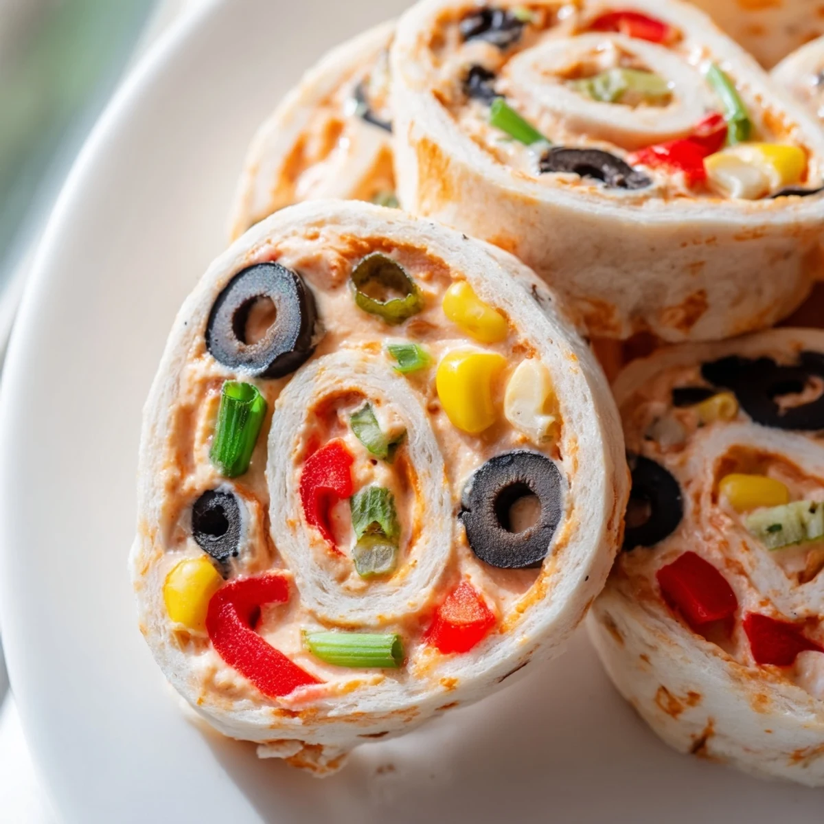 Creamy taco cream cheese pinwheels arranged on serving platter with vibrant red and green fillings