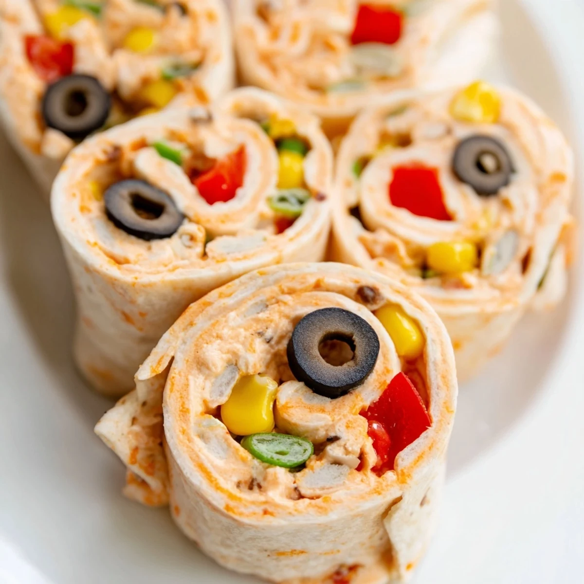 Sliced flour tortilla rolls revealing layers of seasoned cream cheese, peppers, corn and shredded cheddar