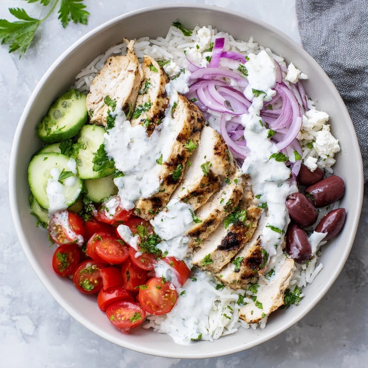 Tender marinated Greek chicken bowls arranged in layers with fresh tomatoes cucumber olives and crumbled feta cheese
