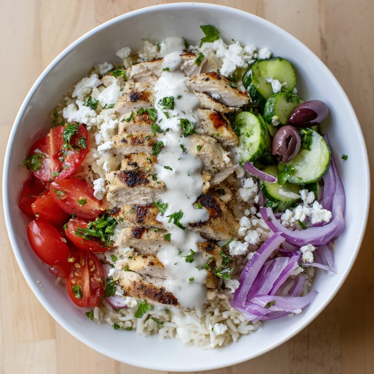 Hearty Greek chicken bowls served family style with zesty yogurt drizzle and vibrant vegetable toppings for easy weeknight dinners