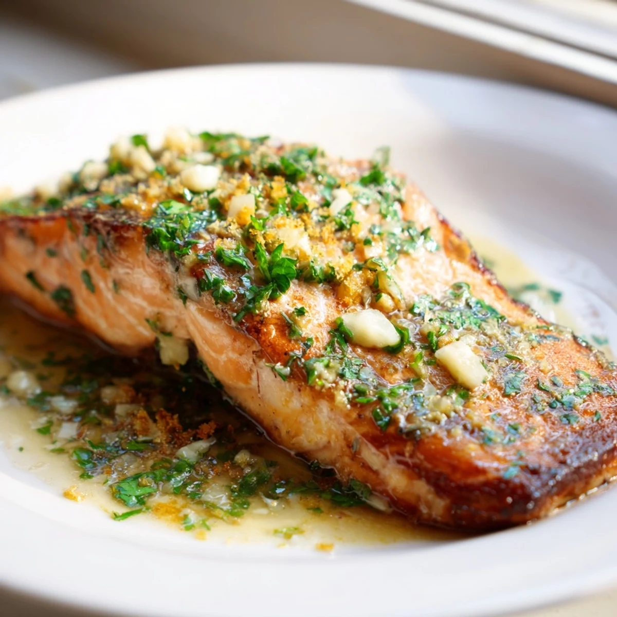Golden pan seared salmon fillets drizzled with melted garlic butter sauce and fresh parsley garnish