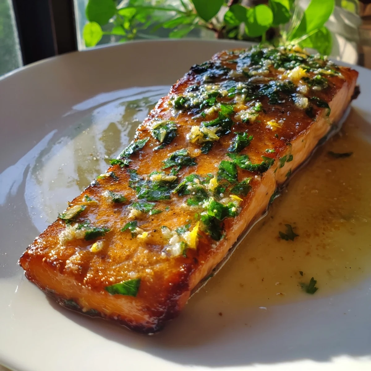 Perfectly cooked salmon with golden brown exterior topped with aromatic garlic butter and green parsley