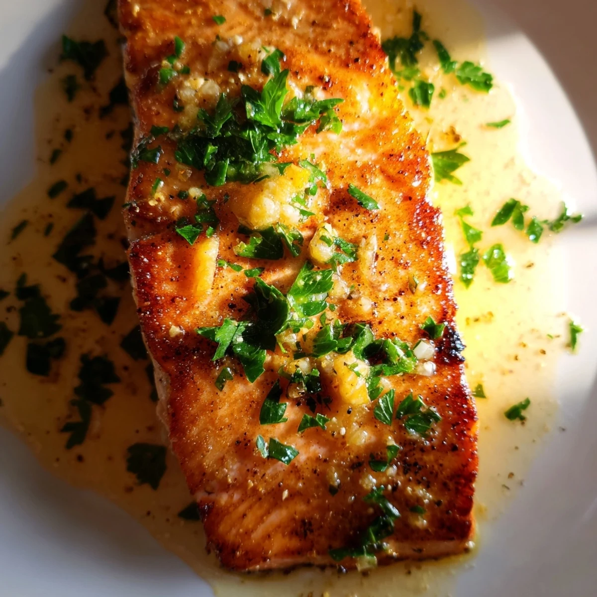 Crispy skinned salmon served on white plate with rich garlic butter glaze and lemon wedges