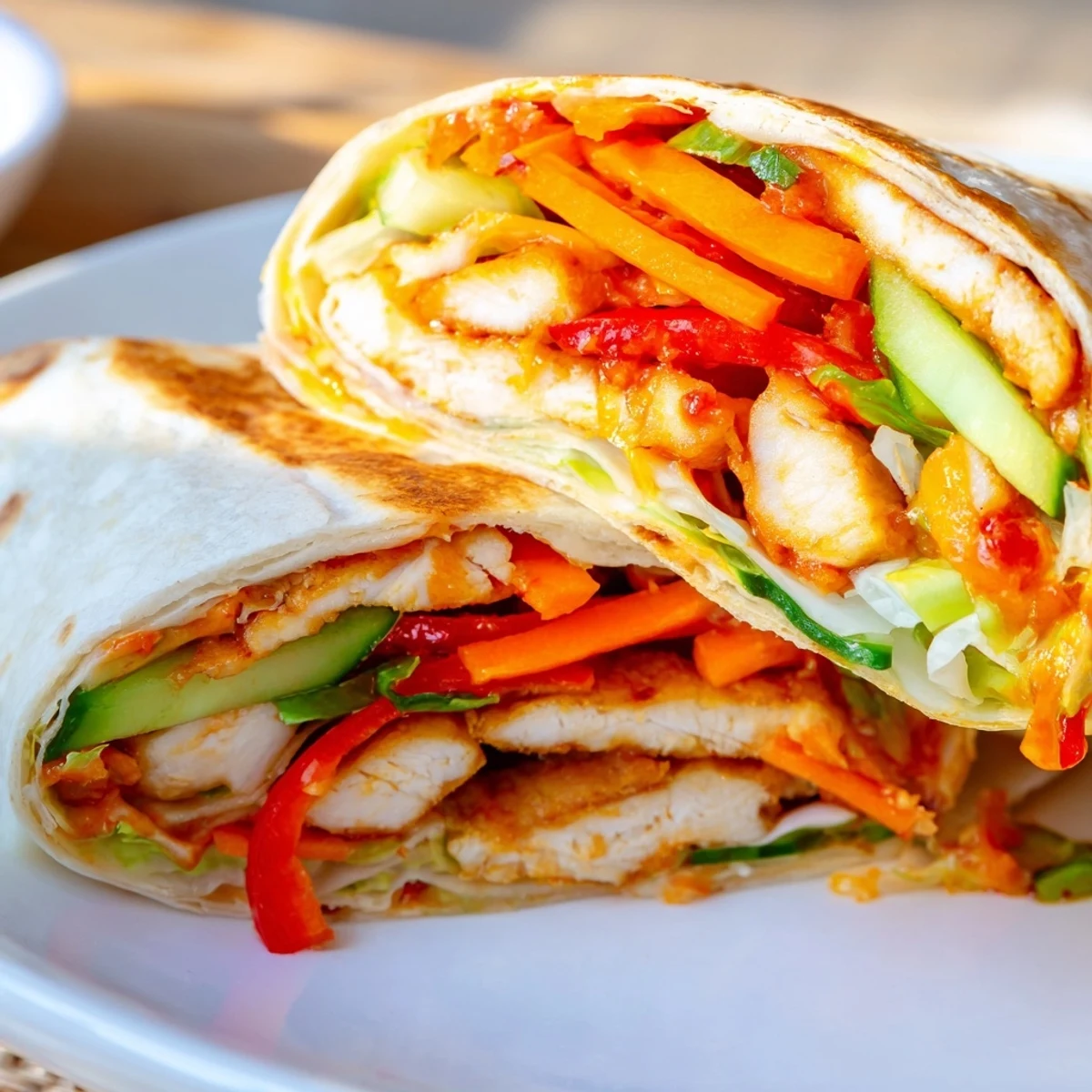 Sliced sweet chili chicken wraps diagonally cut revealing colorful layers of lettuce cucumber carrots and bell pepper