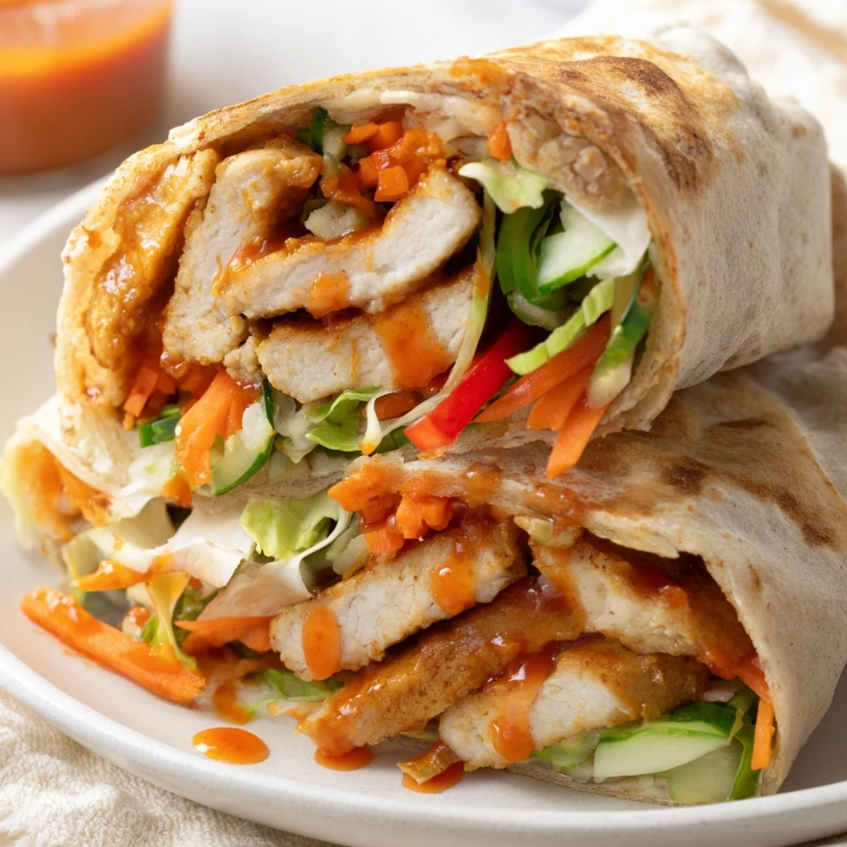 Golden sweet chili chicken wraps stuffed with crisp vegetables and creamy tangy sauce rolled in soft flour tortillas