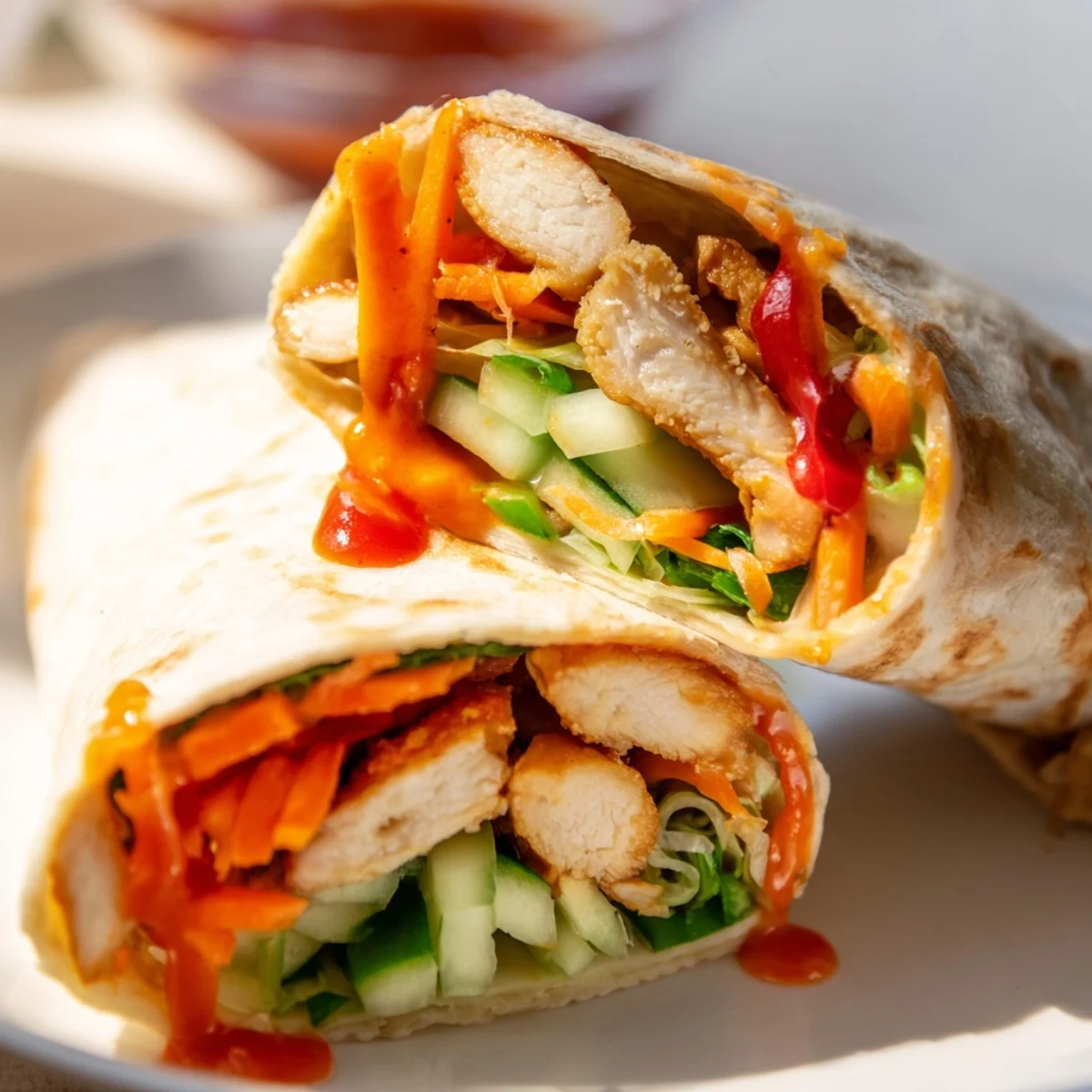  handheld sweet chili chicken wraps garnished with fresh vegetables and drizzled with spicy sauce on white plate