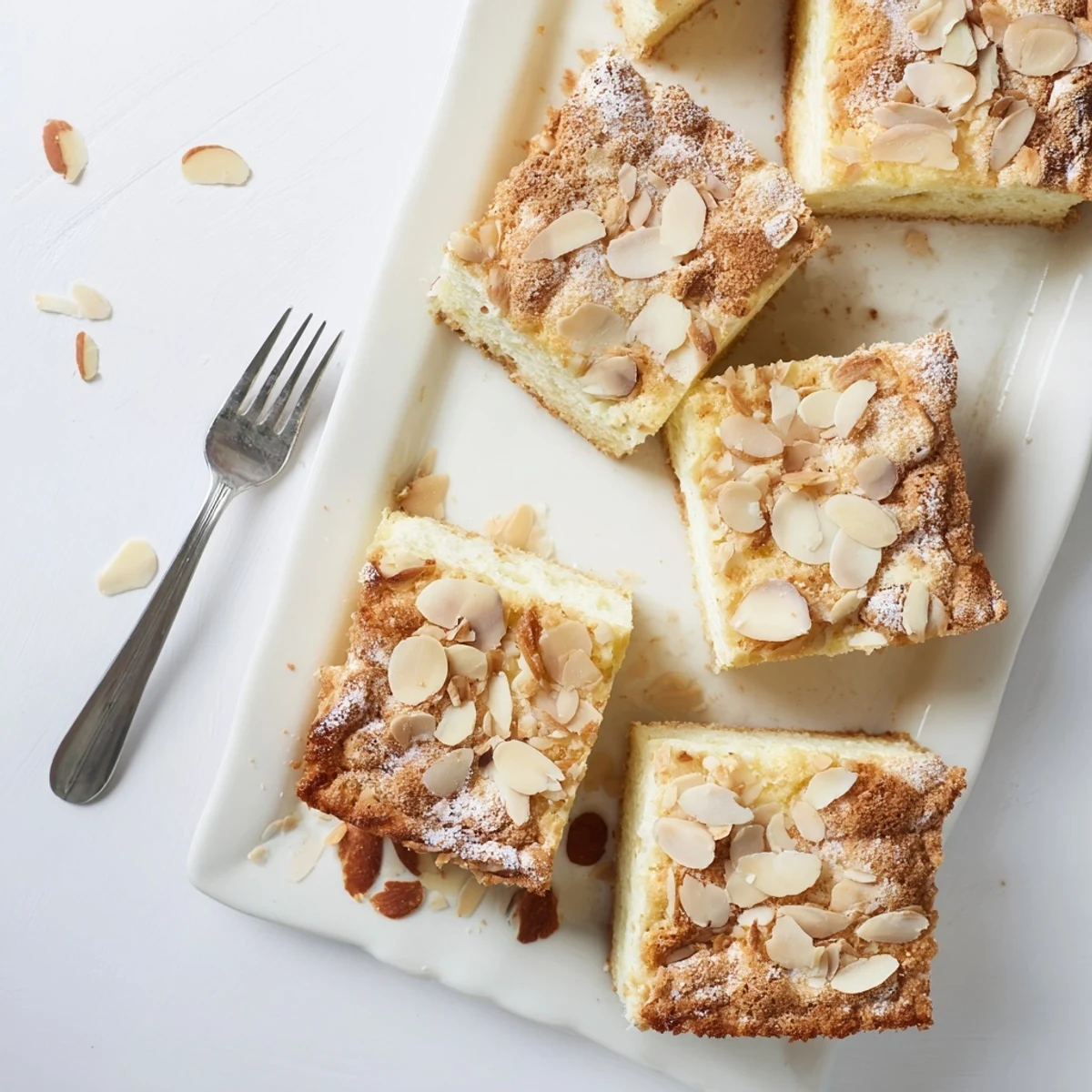 Golden easy ricotta cloud squares with almond crunch topping baked to perfection and dusted with powdered sugar
