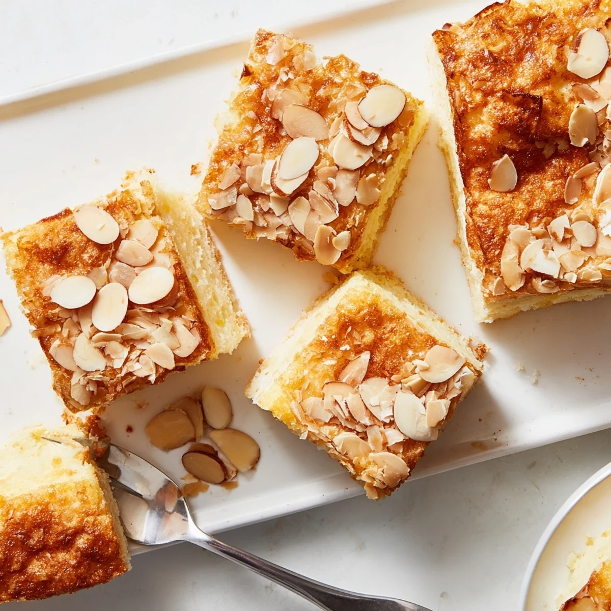 Fluffy easy ricotta cloud squares featuring golden brown almond topping on a white serving plate