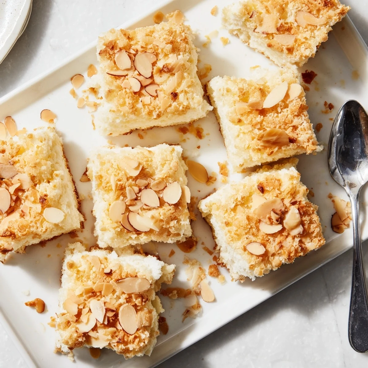 Light and airy easy ricotta cloud squares with caramelized almond crunch layer ready for dessert
