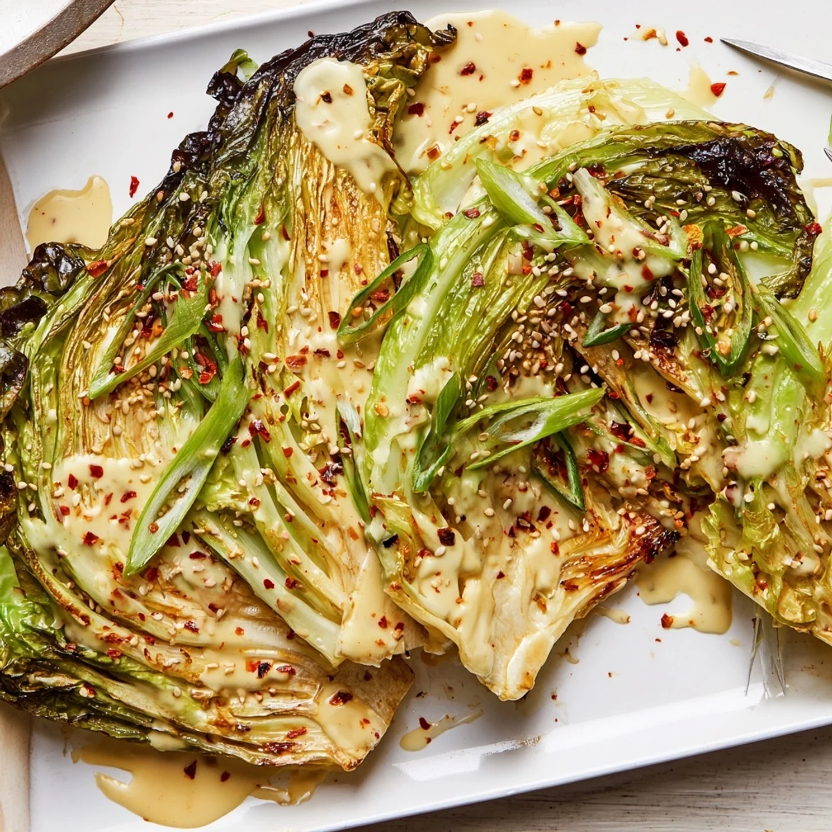 Golden roasted miso butter cabbage wedges drizzled with savory umami glaze and sesame seeds