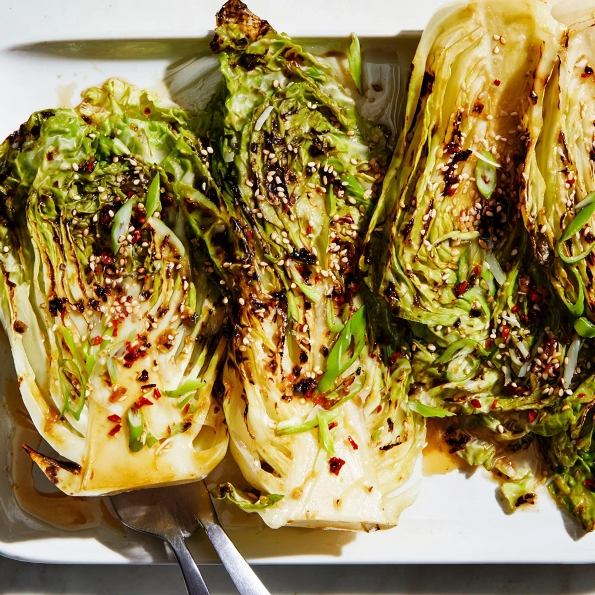 Golden brown miso butter cabbage wedges garnished with green onions and toasted sesame seeds