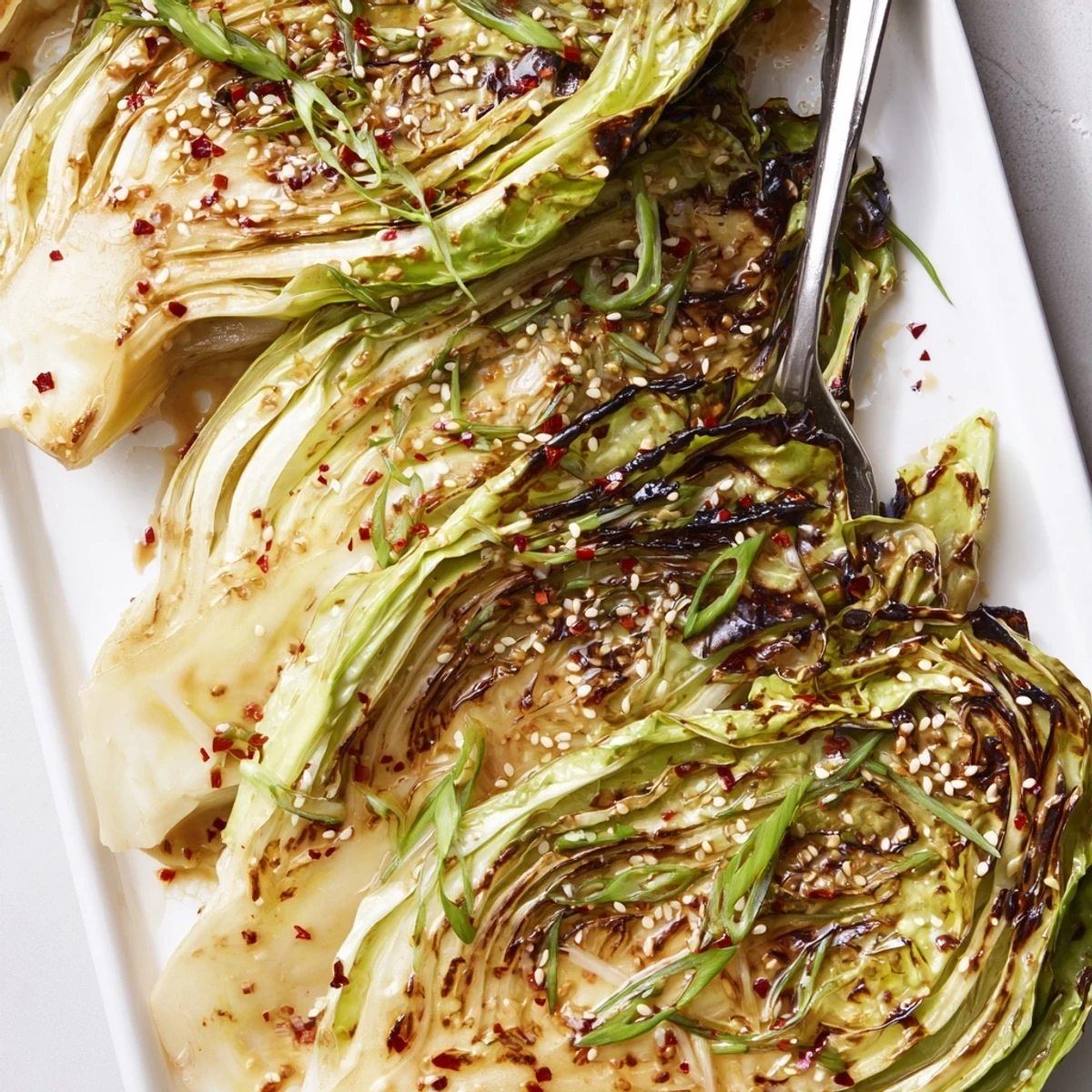 Tender miso butter roasted cabbage wedges caramelized to perfection with ginger garlic butter sauce
