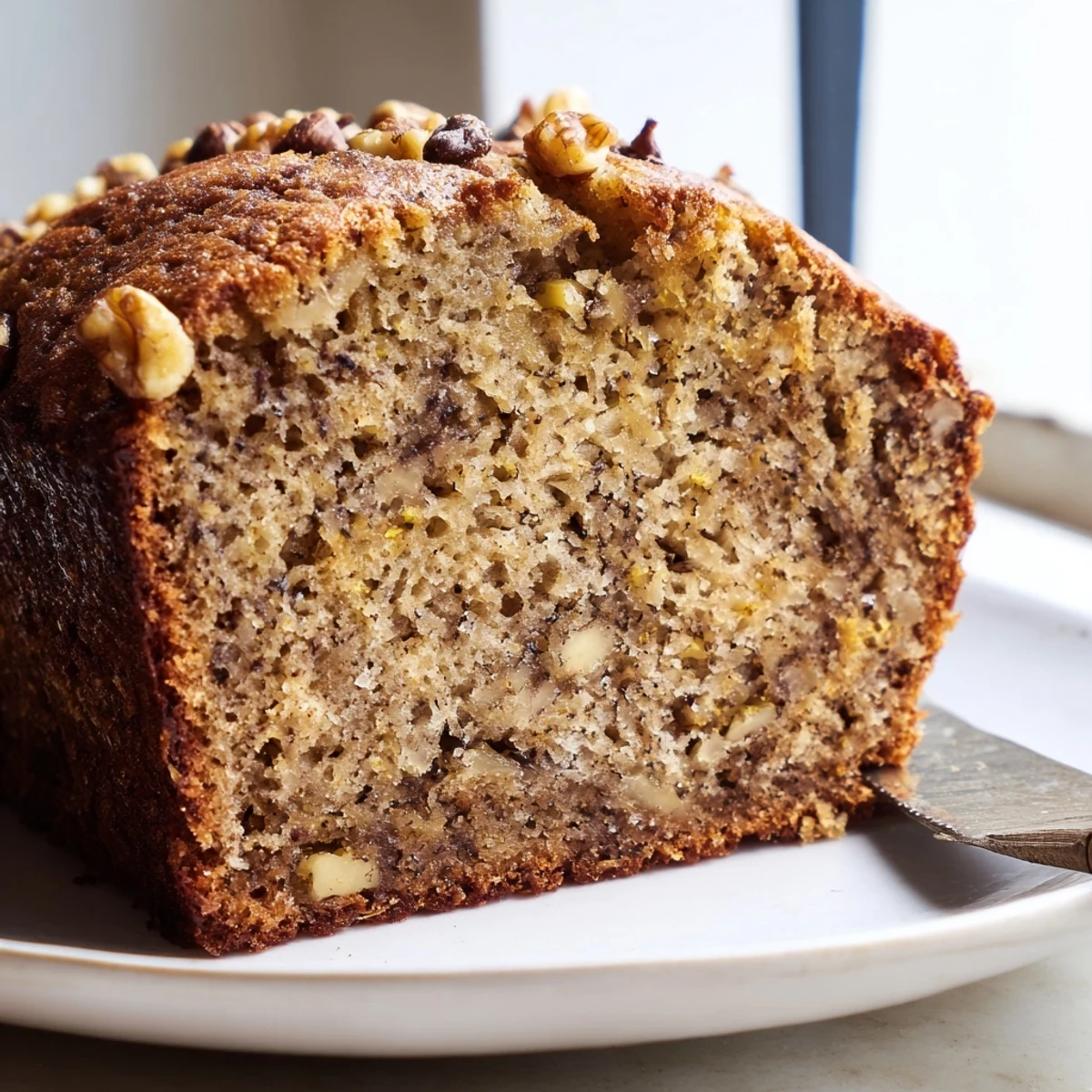 Thick slice of super moist banana bread served on a white plate, perfect for breakfast with morning coffee or tea