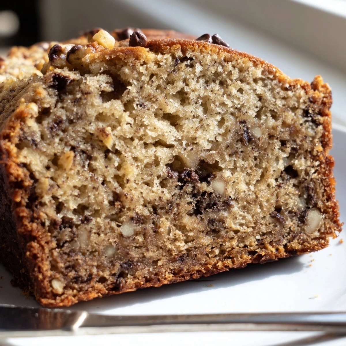 Homemade super moist banana bread studded with walnuts, showing the soft interior and dark golden crust in a rustic kitchen setting