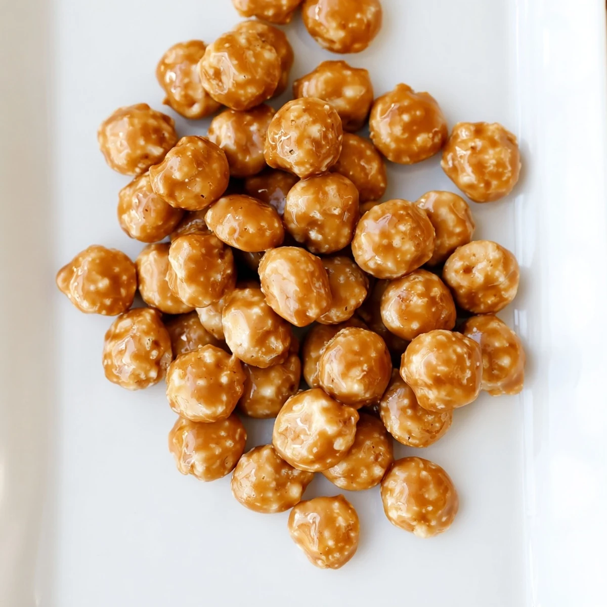 Golden caramel-coated oyster crackers arranged on a rustic wooden board for serving