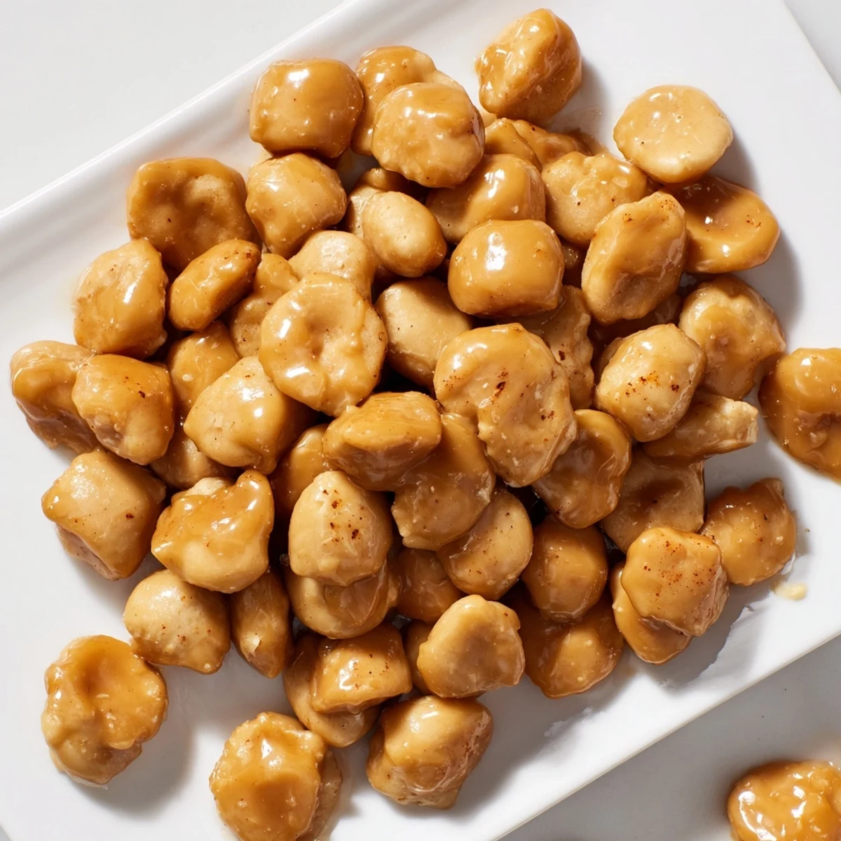 Bubbling caramel glaze being poured over crispy oyster crackers before baking