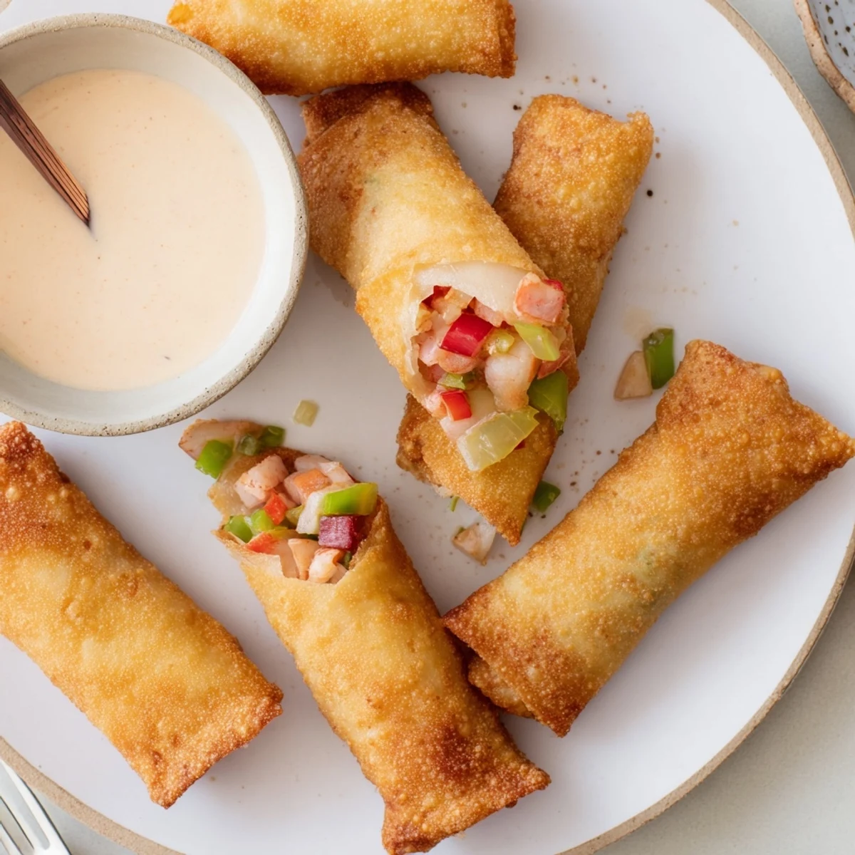 Voodoo Egg rolls showcasing golden wrapper with shrimp and andouille filling visible inside