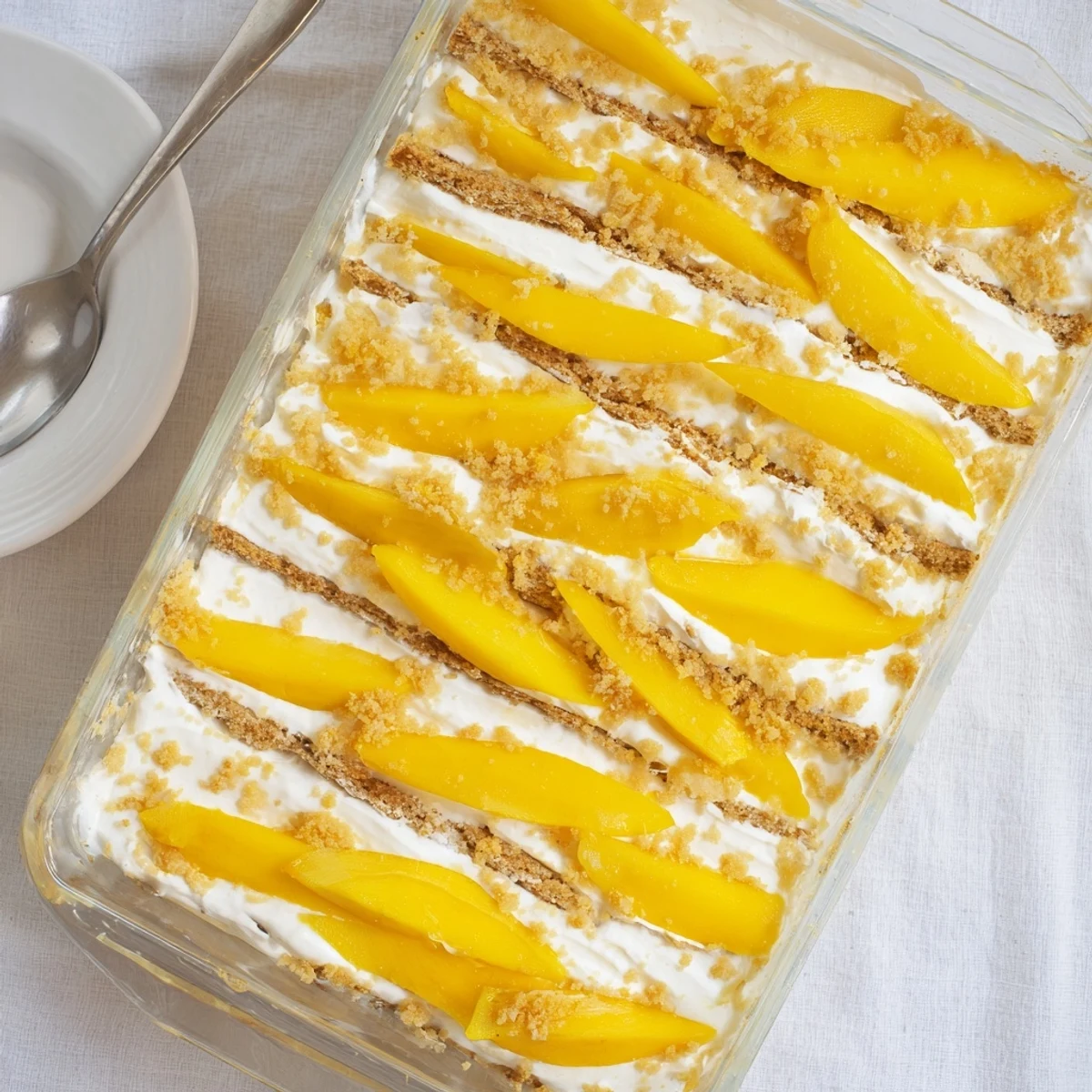 Golden Filipino Mango Float dessert showcasing layered mango slices, whipped cream, and graham crackers in a glass dish