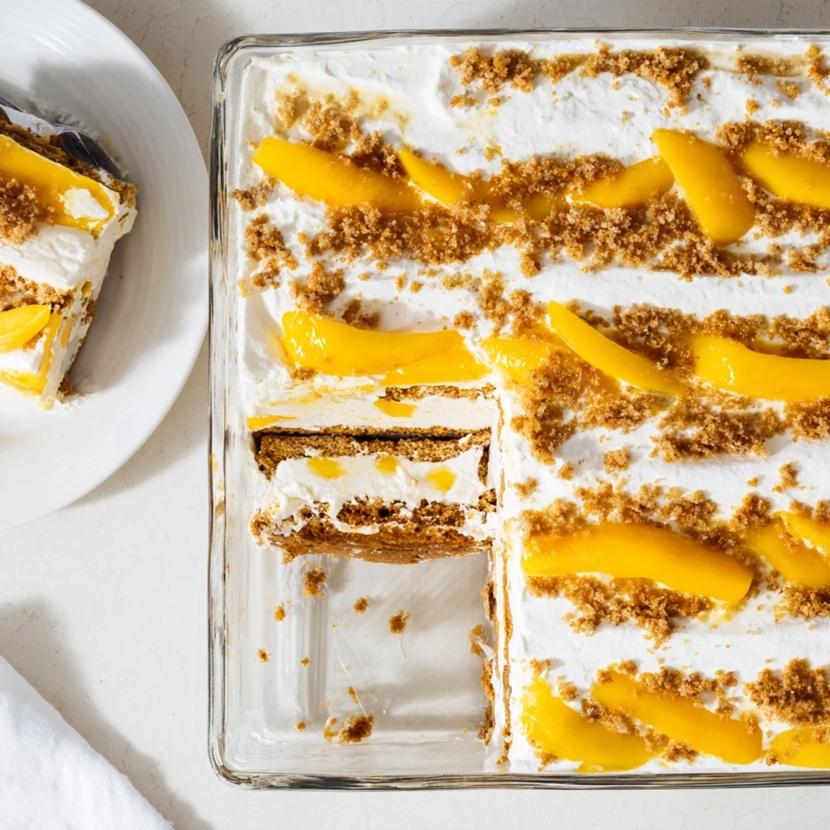 No-bake Filipino Mango Float with ripe yellow mangoes arranged over sweetened creamy layers and crunchy graham crackers