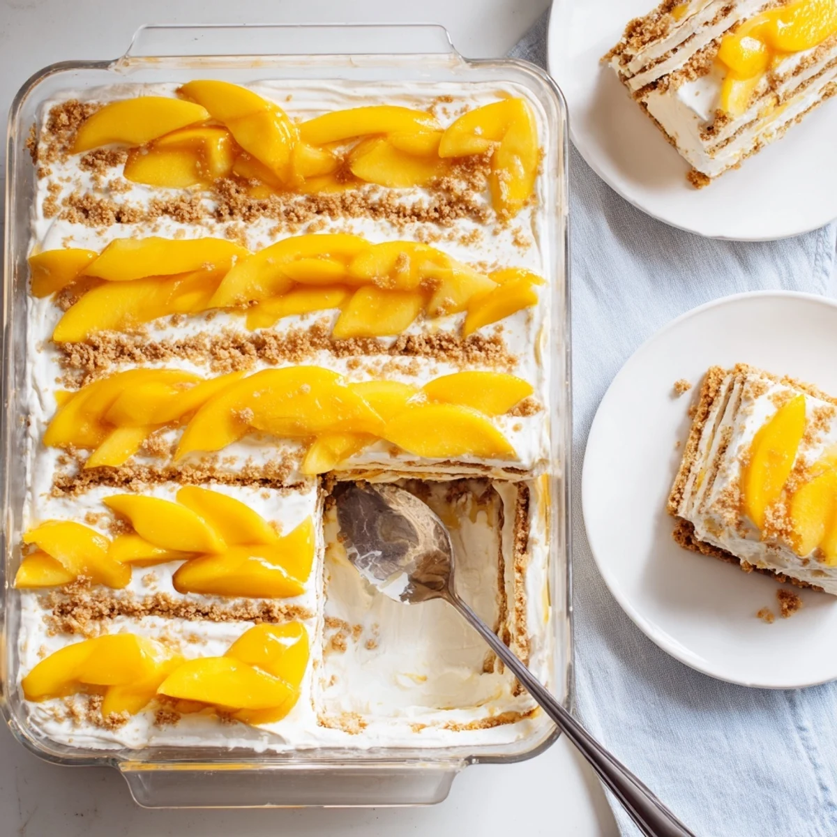 Chilled Filipino Mango Float square slice revealing cross-section of mango, cream, and graham cracker layers on a white plate