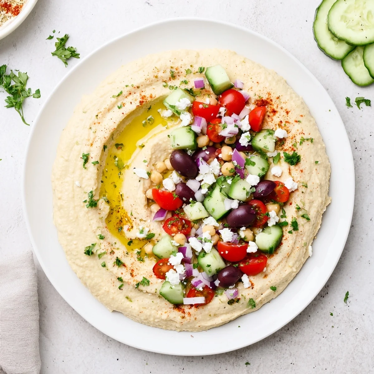 Creamy Greek style loaded hummus topped with fresh vegetables, olives, and crumbled feta cheese