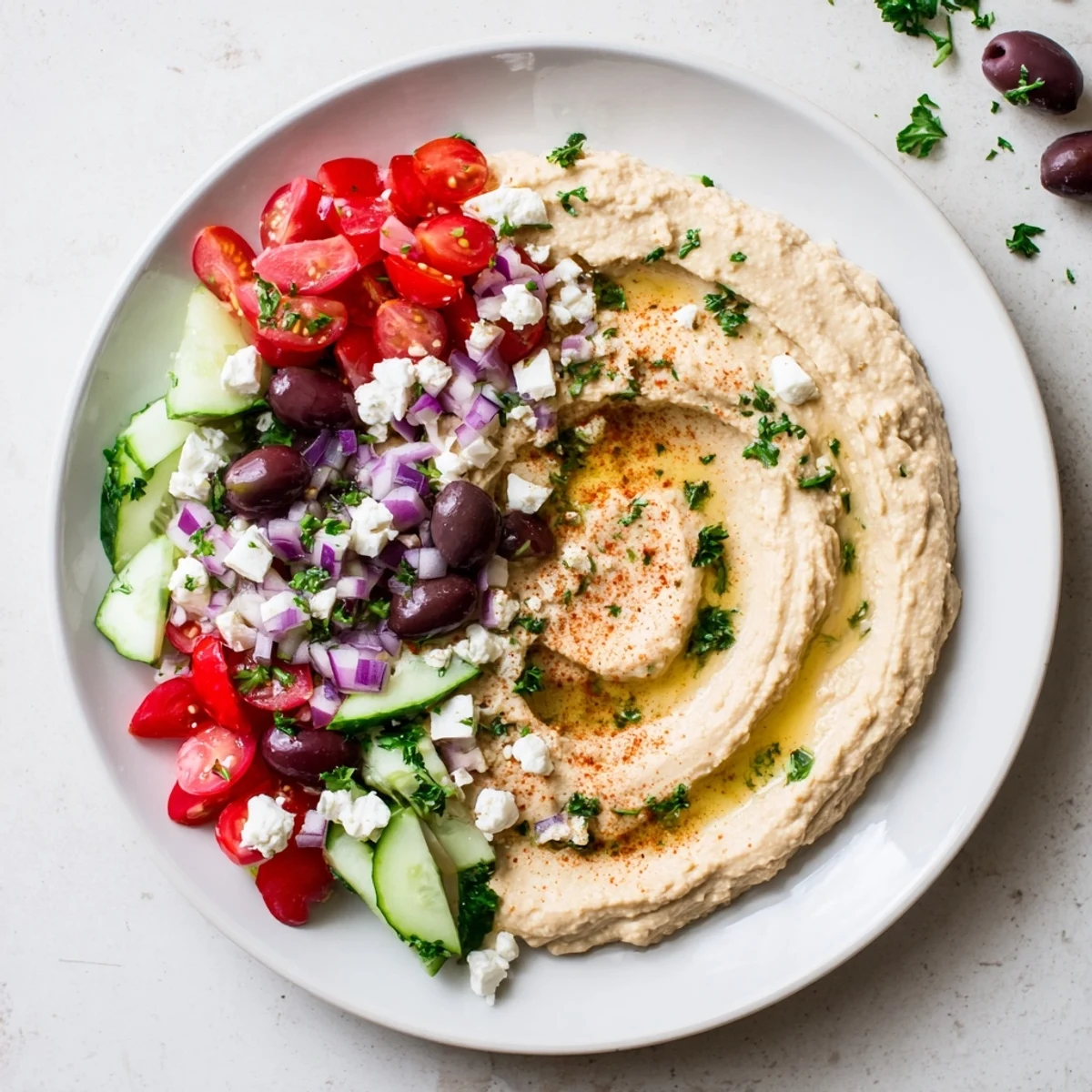 Smooth Greek style loaded hummus drizzled with olive oil and Kalamata olives on top