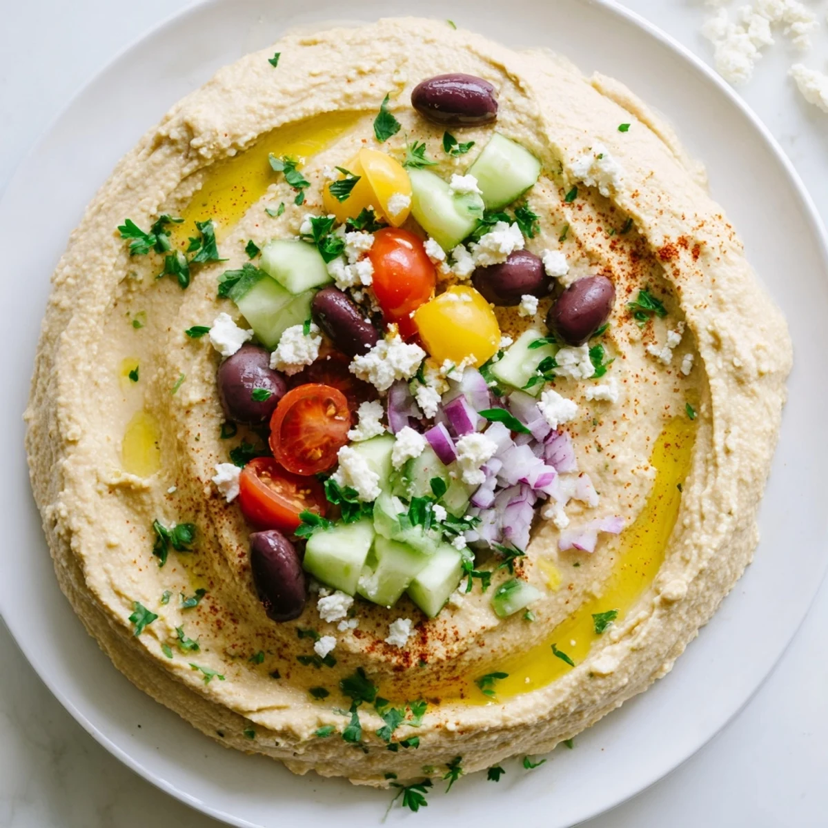 Vibrant Mediterranean hummus bowl with cherry tomatoes, cucumber, and parsley garnish for serving