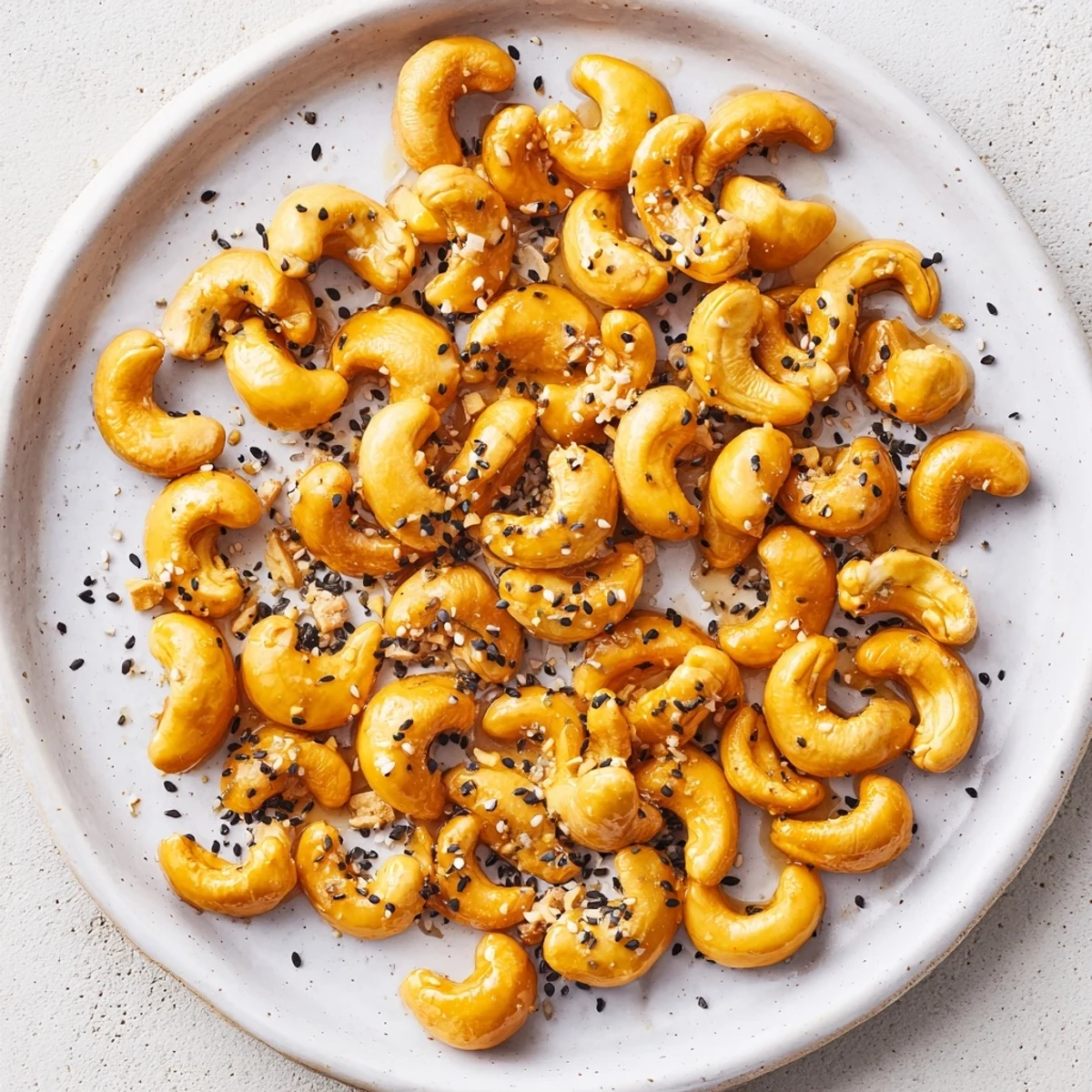 Golden honey sesame cashews arranged on a wooden board with scattered toasted seeds