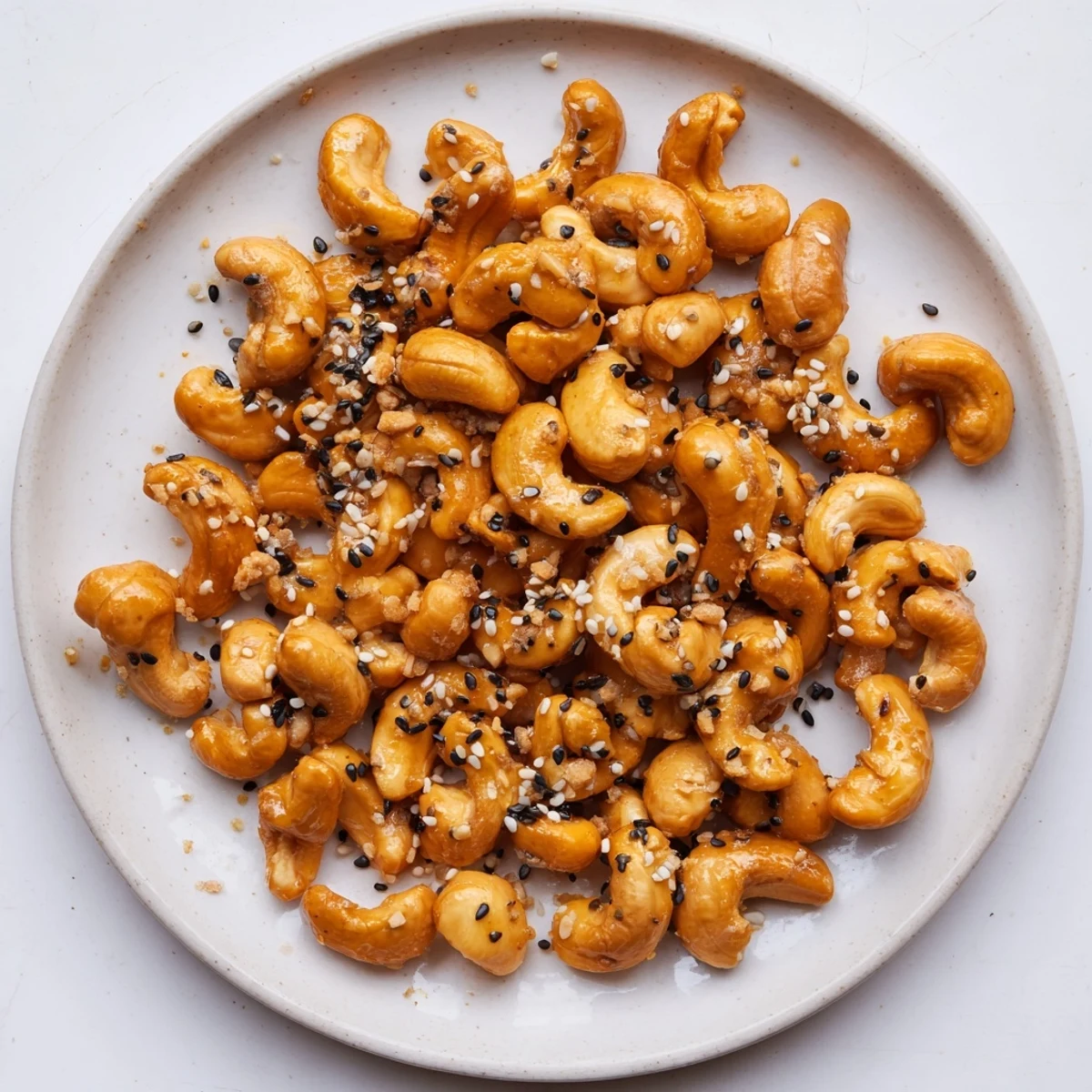 Candy-coated honey sesame cashews cooling on parchment paper with glossy sheen