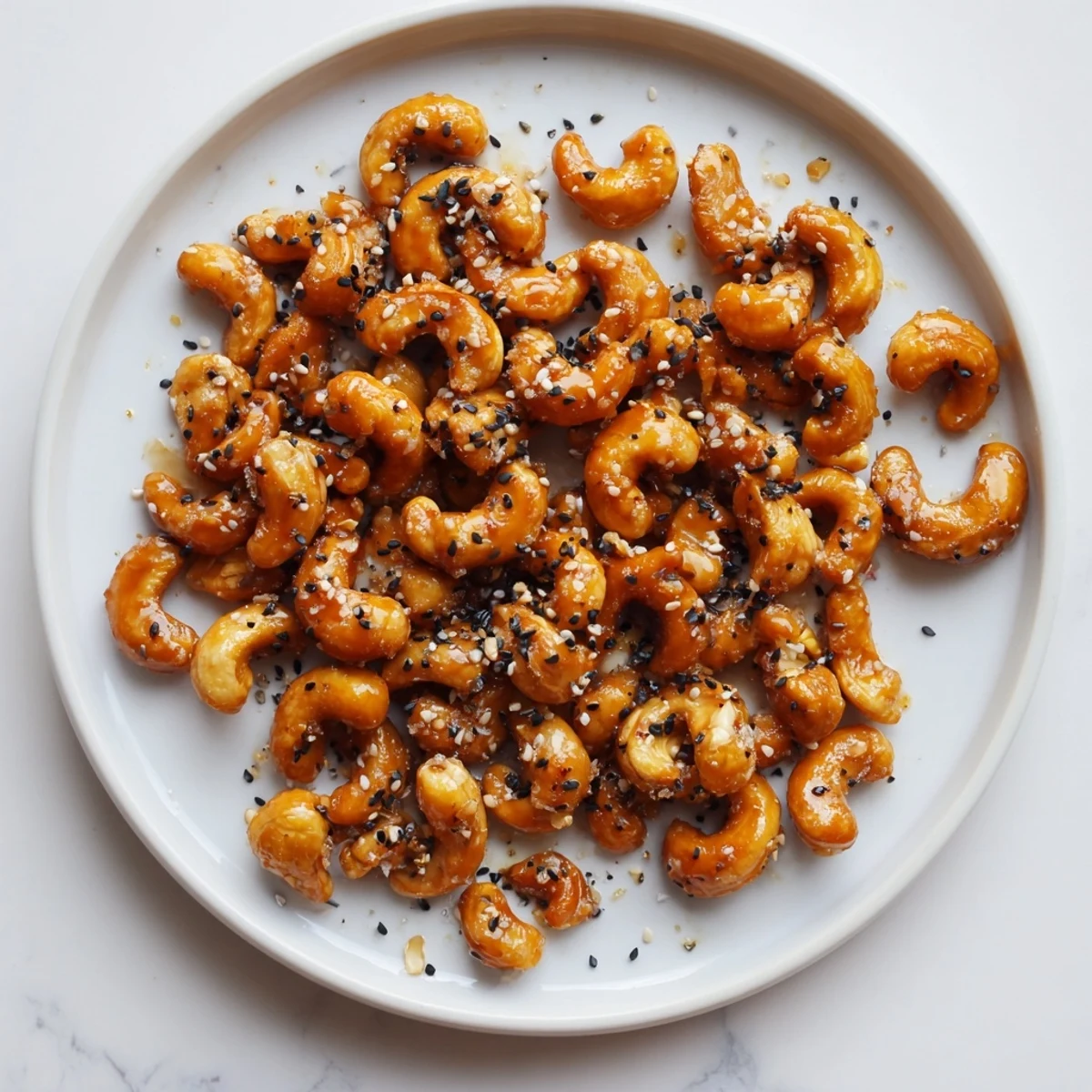 Close up of crunchy honey sesame cashews sprinkled with white and black seeds