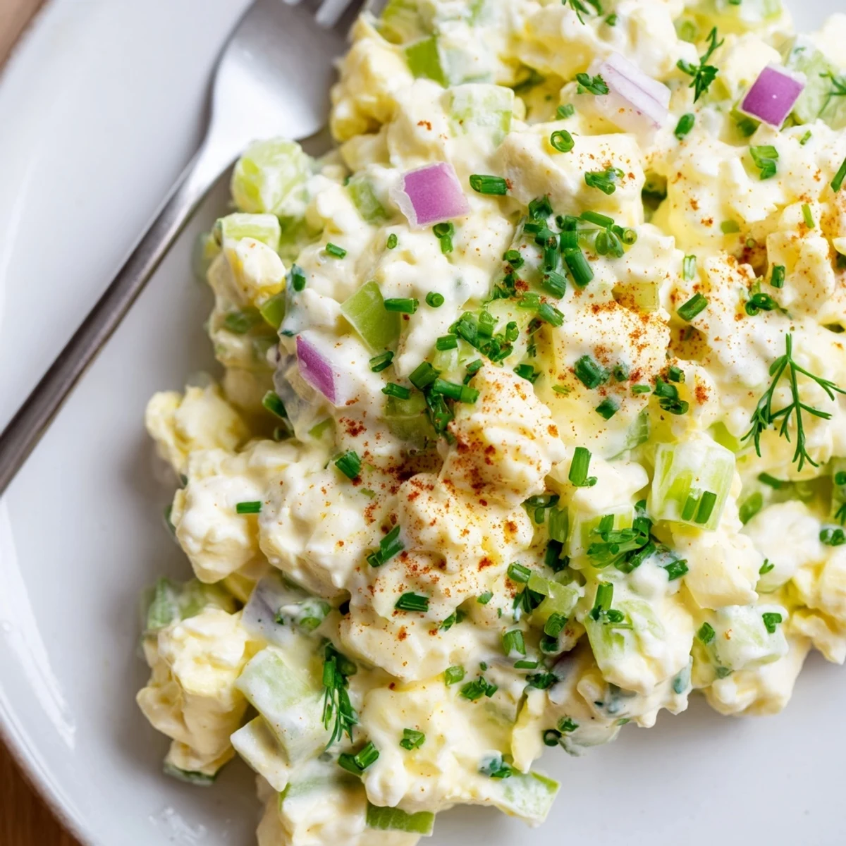 Creamy cottage cheese egg salad topped with fresh herbs and diced red onion in a white bowl.