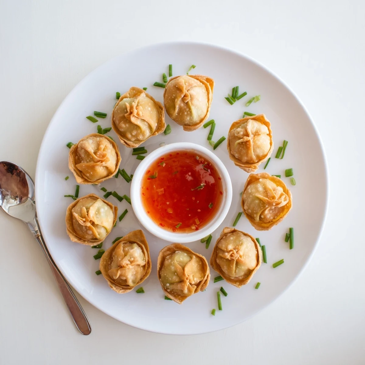 Plate of golden brown Crab Rangoon Bombs garnished with fresh green onions and sweet chili dipping sauce