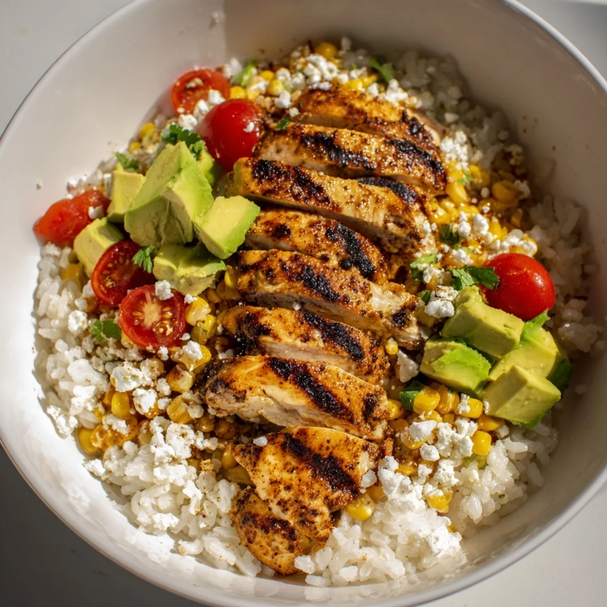 Colorful street corn chicken and rice bowl with creamy corn, sliced grilled chicken, avocado, tomatoes, and fresh cilantro toppings.