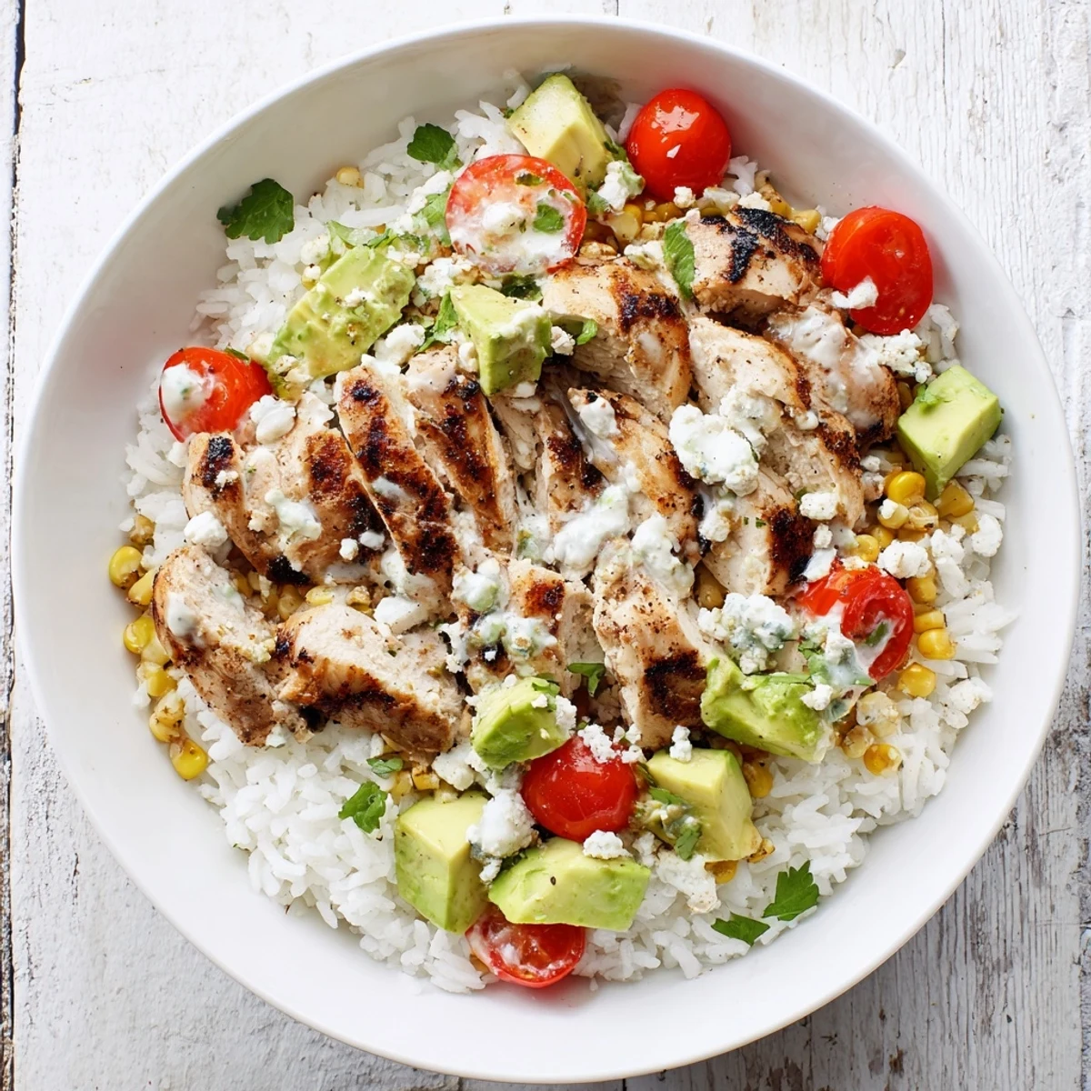 Heaping bowl of Mexican-inspired street corn chicken and rice featuring charred corn, spiced chicken, crumbled cotija cheese, and lime garnish.
