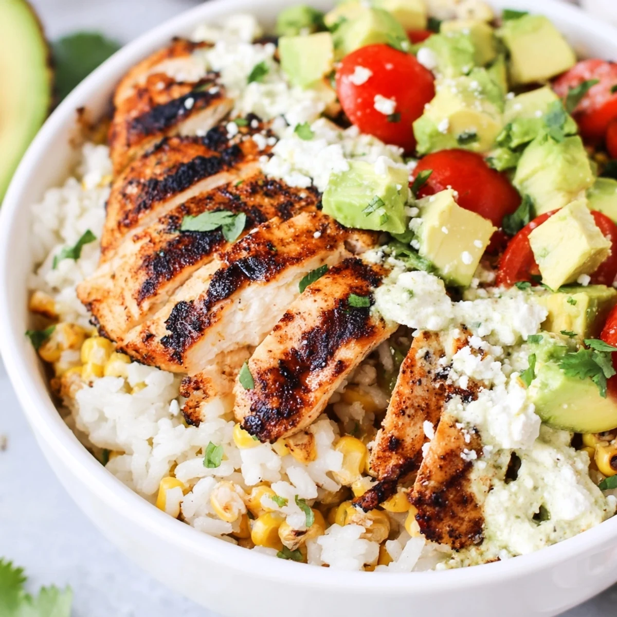 Vibrant meal prep bowl showcasing street corn chicken and rice layers with juicy chicken, creamy corn salad, and diced avocado.