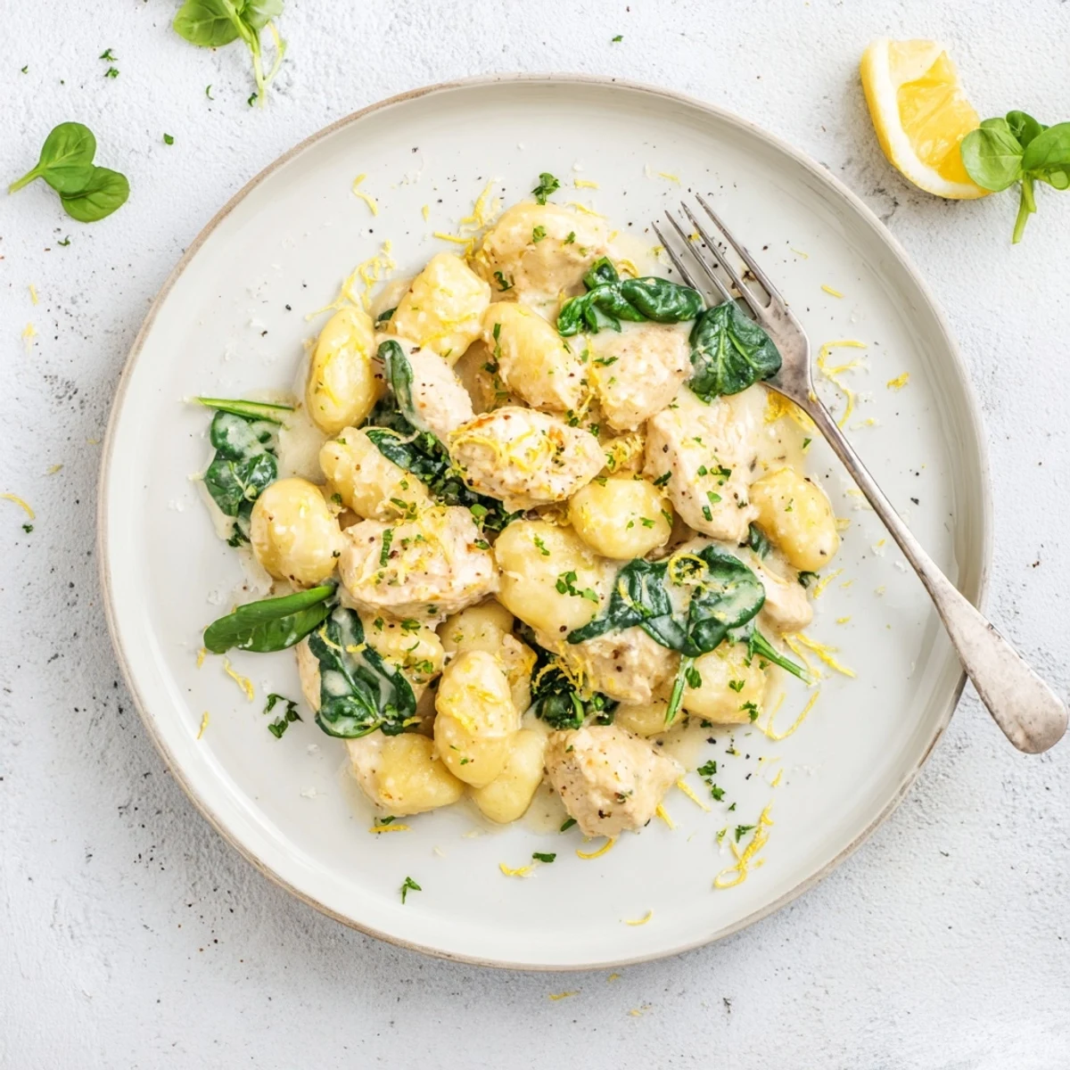 One-pan skillet of lemon chicken gnocchi tossed in a luscious garlic parmesan cream sauce with bright green spinach and golden chicken