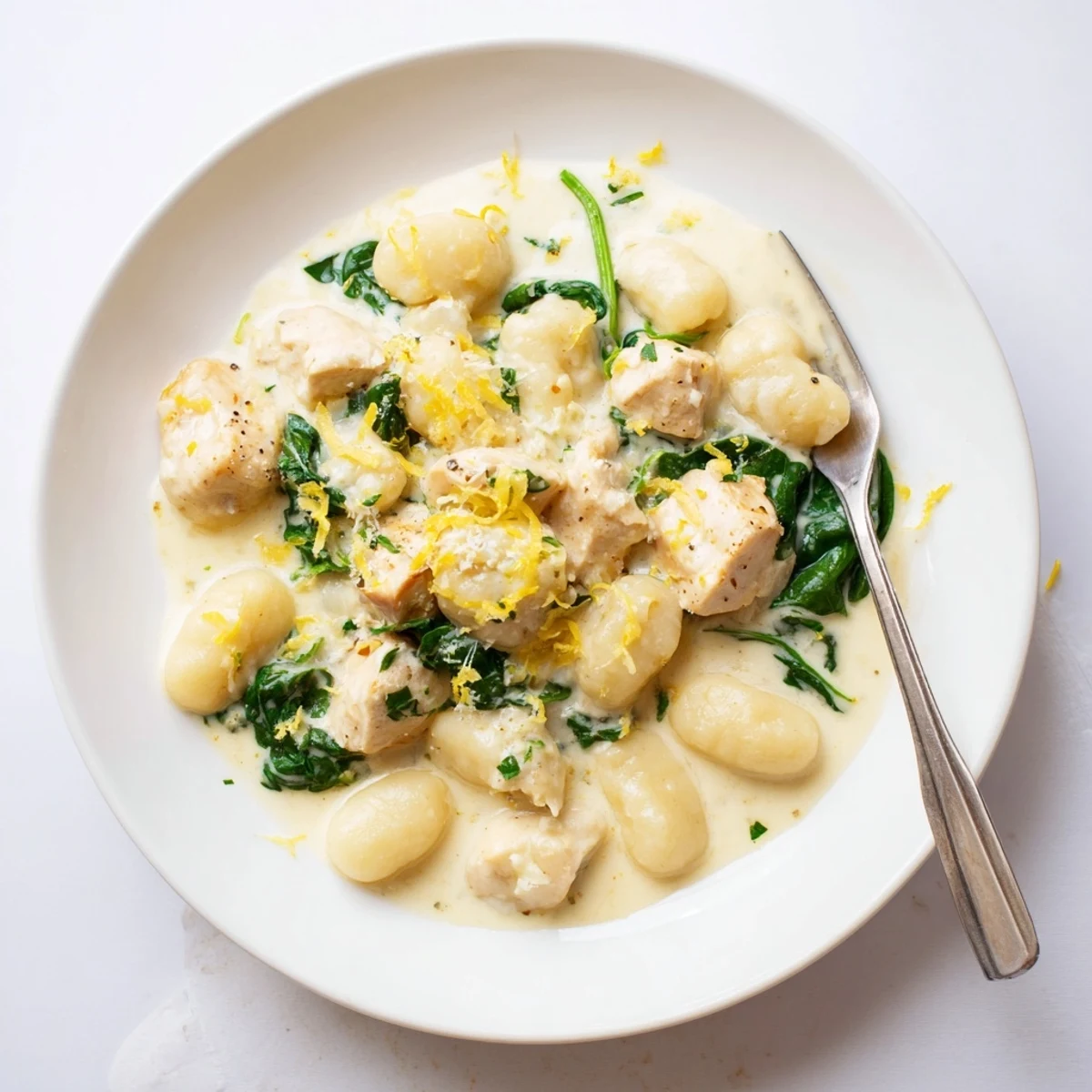 Creamy lemon chicken gnocchi plated in a white bowl featuring tender chicken, soft potato dumplings, and vibrant wilted spinach leaves