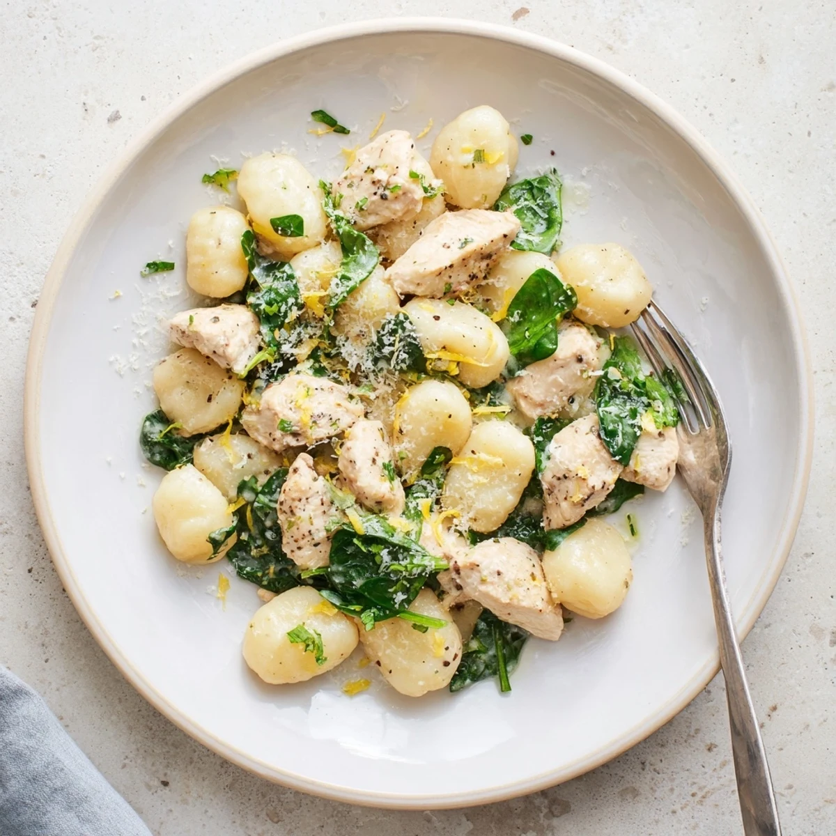 Golden brown chicken pieces and pillowy gnocchi swim in a rich lemon cream sauce with fresh spinach and Parmesan cheese
