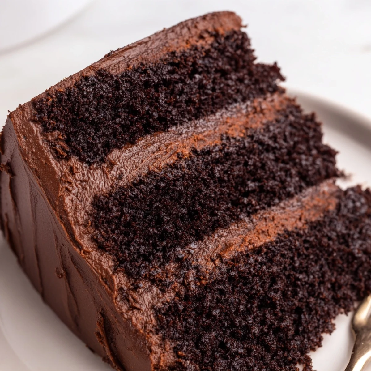 Decadent chocolate cake layered with silky buttercream frosting, topped with chocolate shavings.