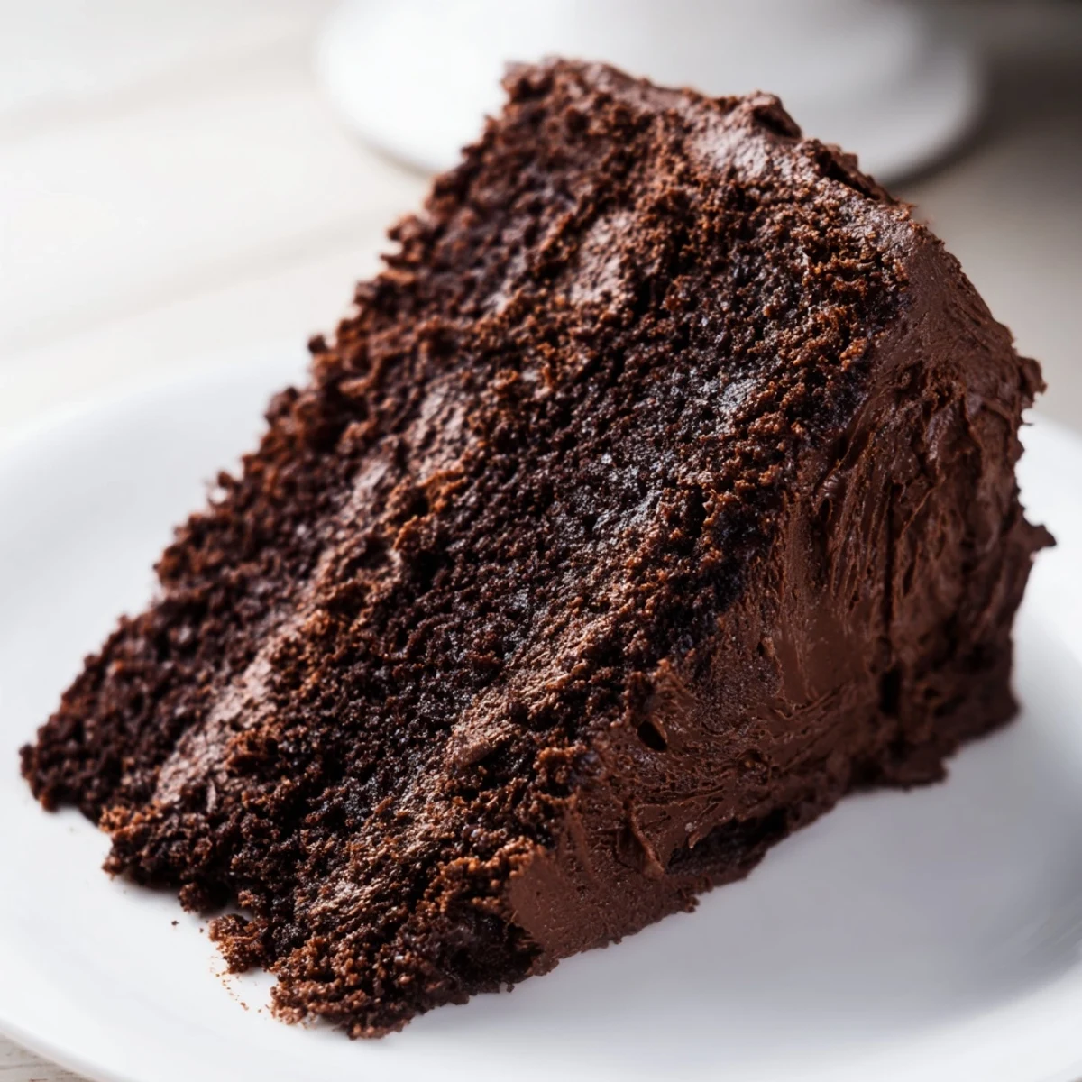 Moist chocolate cake slice on white plate with drizzled chocolate ganache garnish.